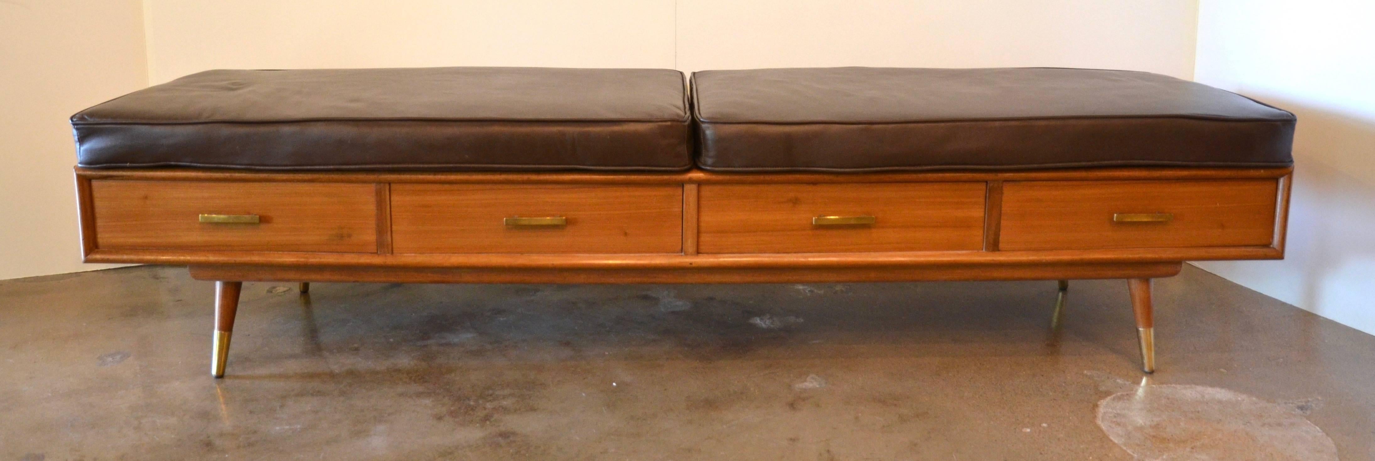 Mid-Century Bench with Drawers and Leather Cushions In Good Condition In Austin, TX