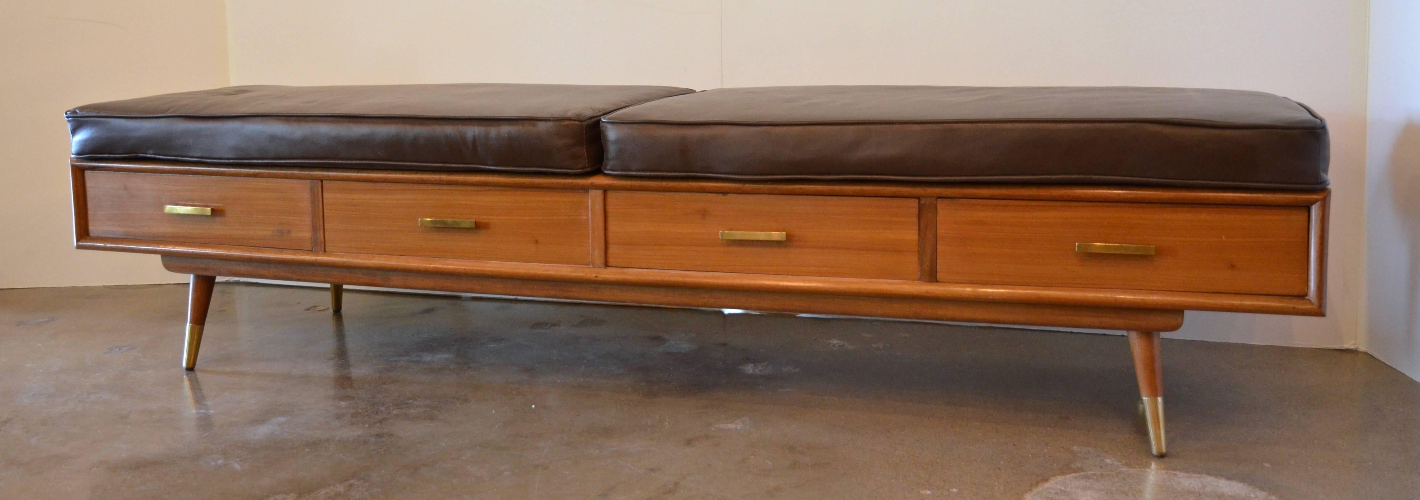 Wood Mid-Century Bench with Drawers and Leather Cushions