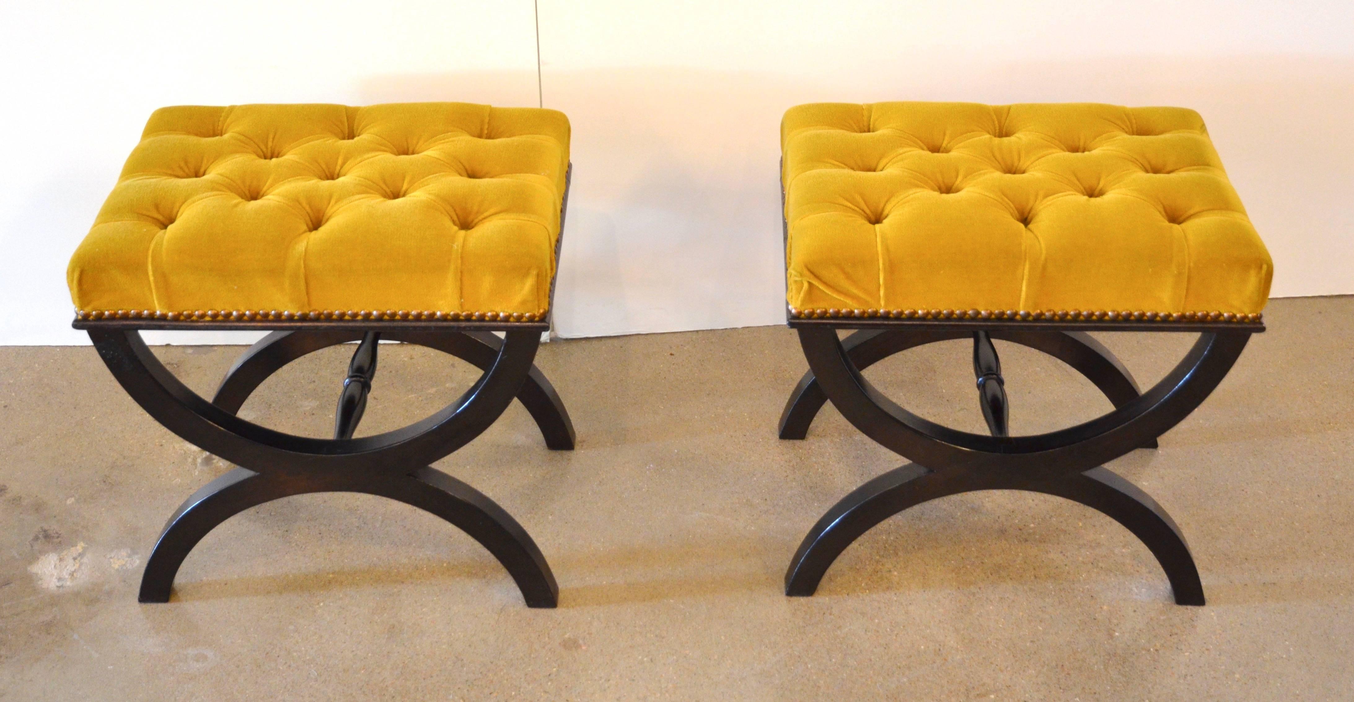 Ebonized Pair of Black Curule Form Benches, circa 1950