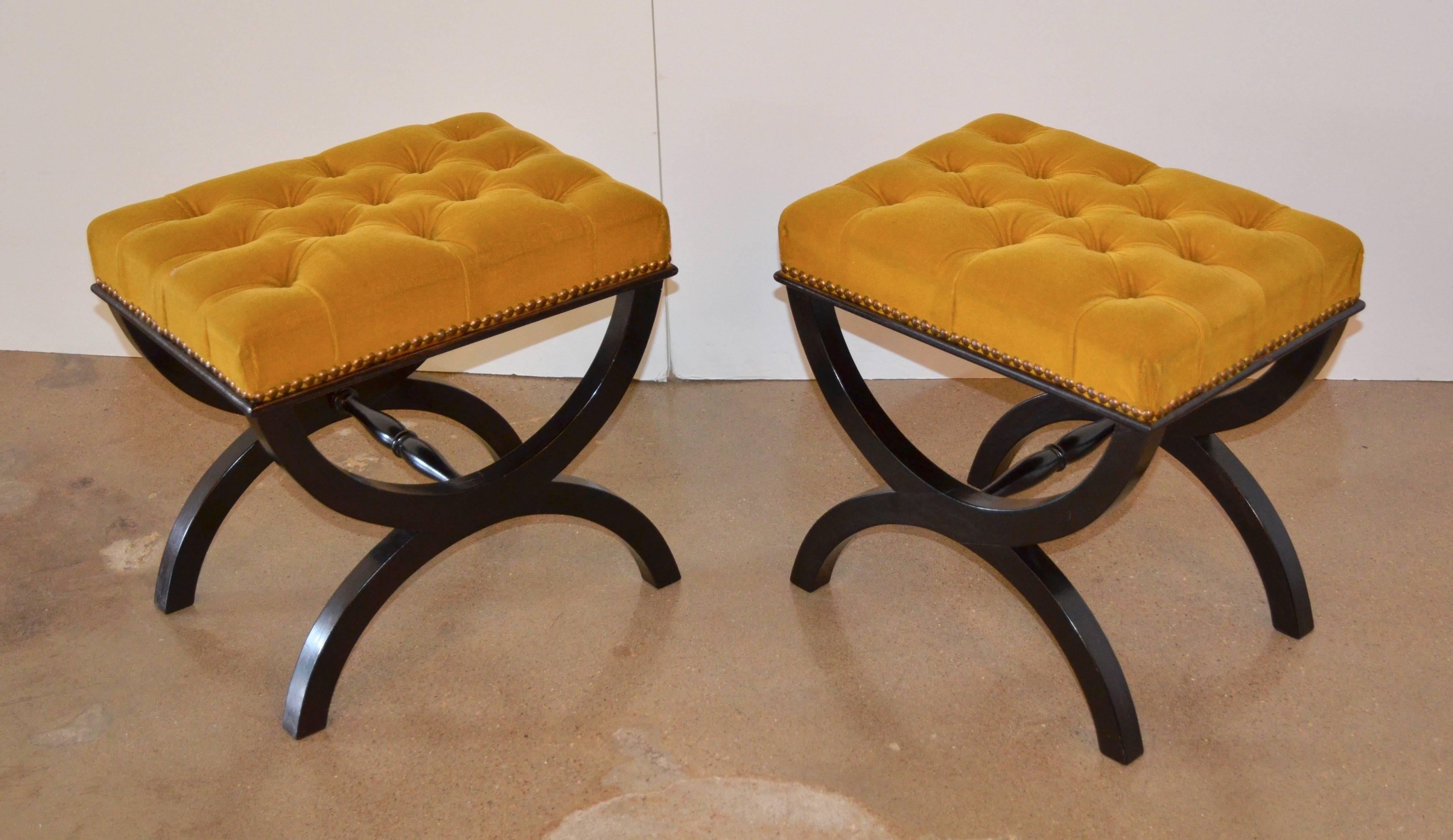 Mid-20th Century Pair of Black Curule Form Benches, circa 1950