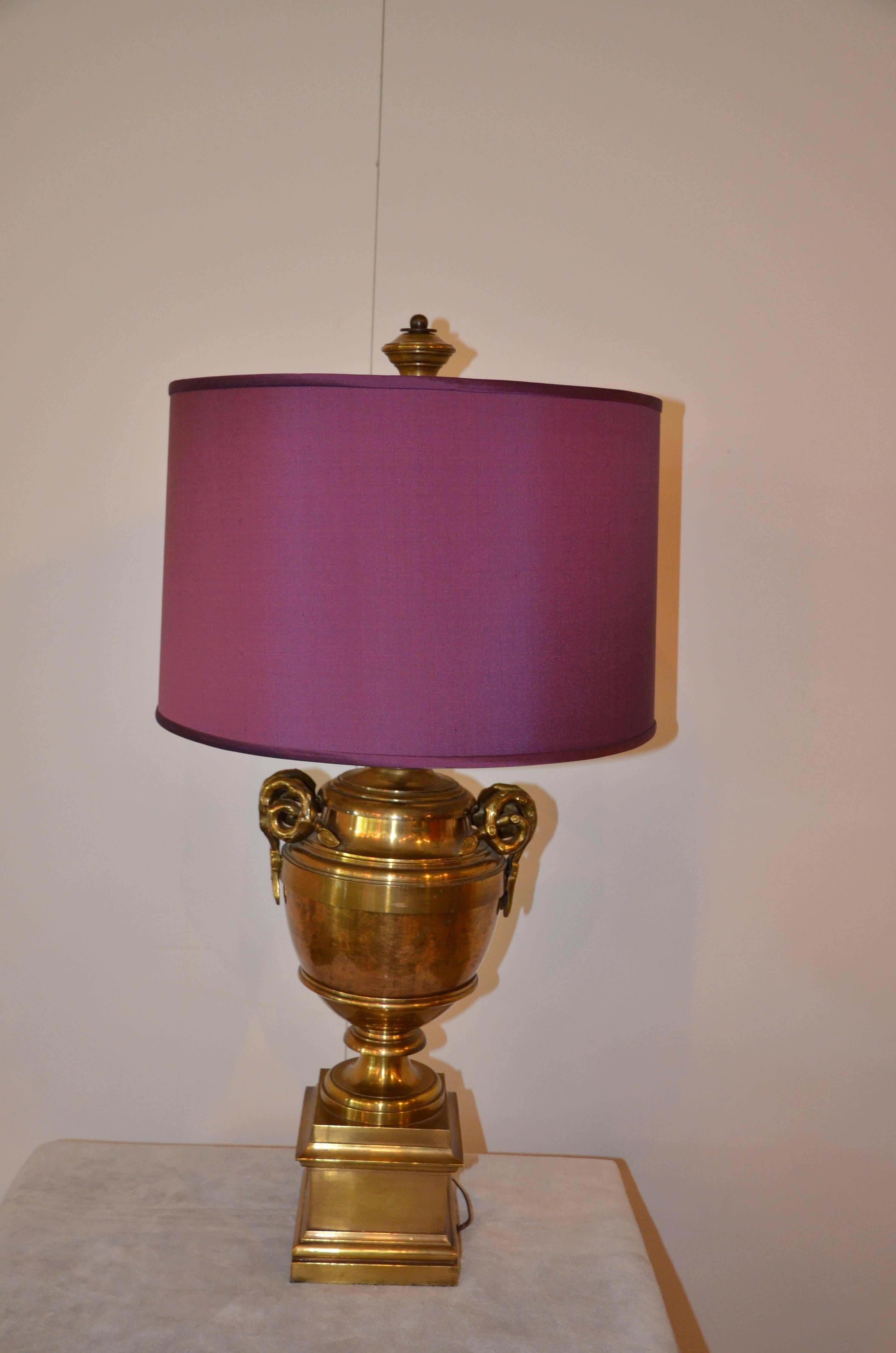 Large Chapman Brass Lamp with Rams Head Detail In Good Condition In Austin, TX