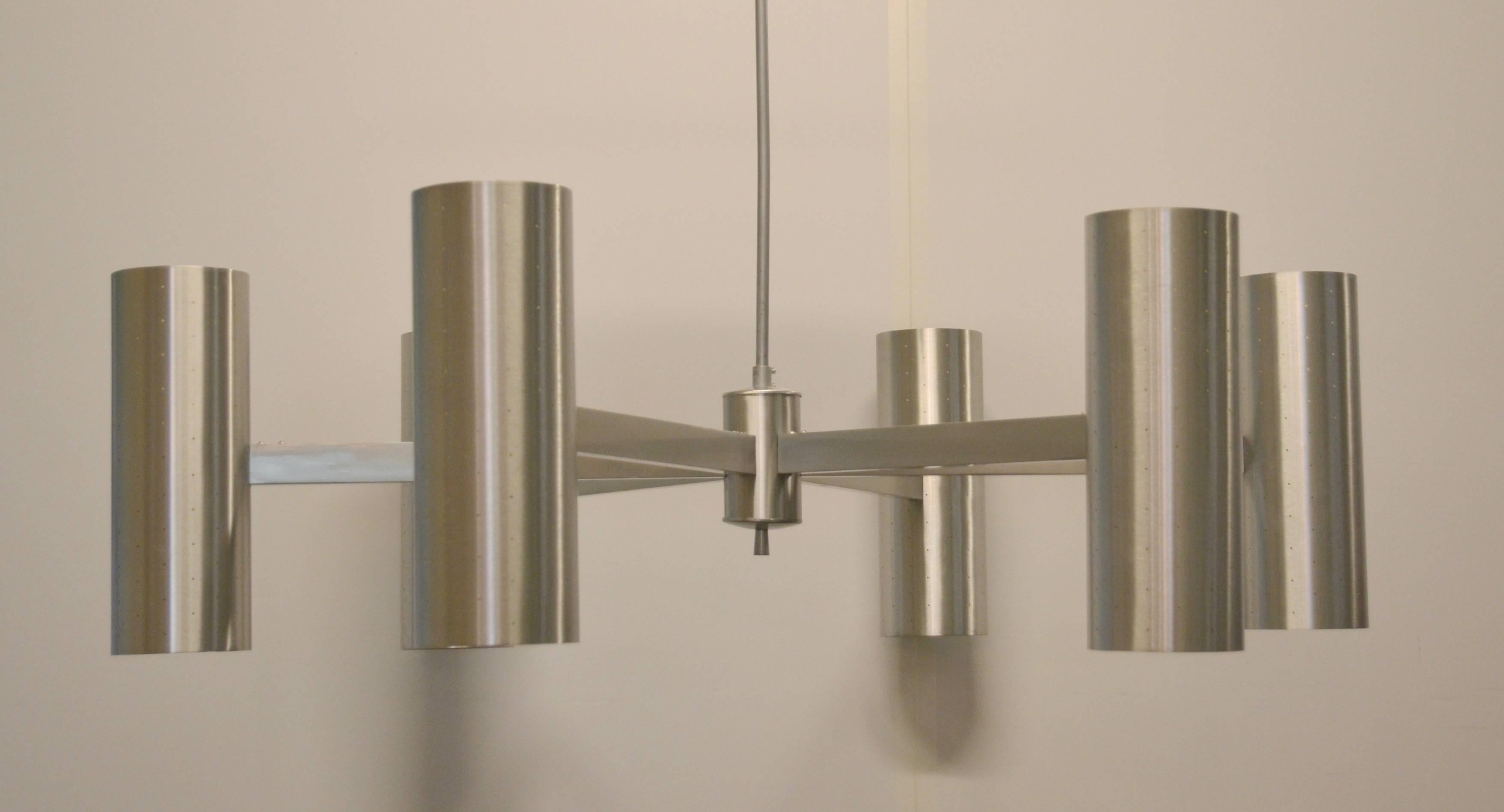 Mid-Century Modern 6 Spoke Aluminum Stainless Finish Pendant Chandeliers 4' wide, 1950s, sold sep.