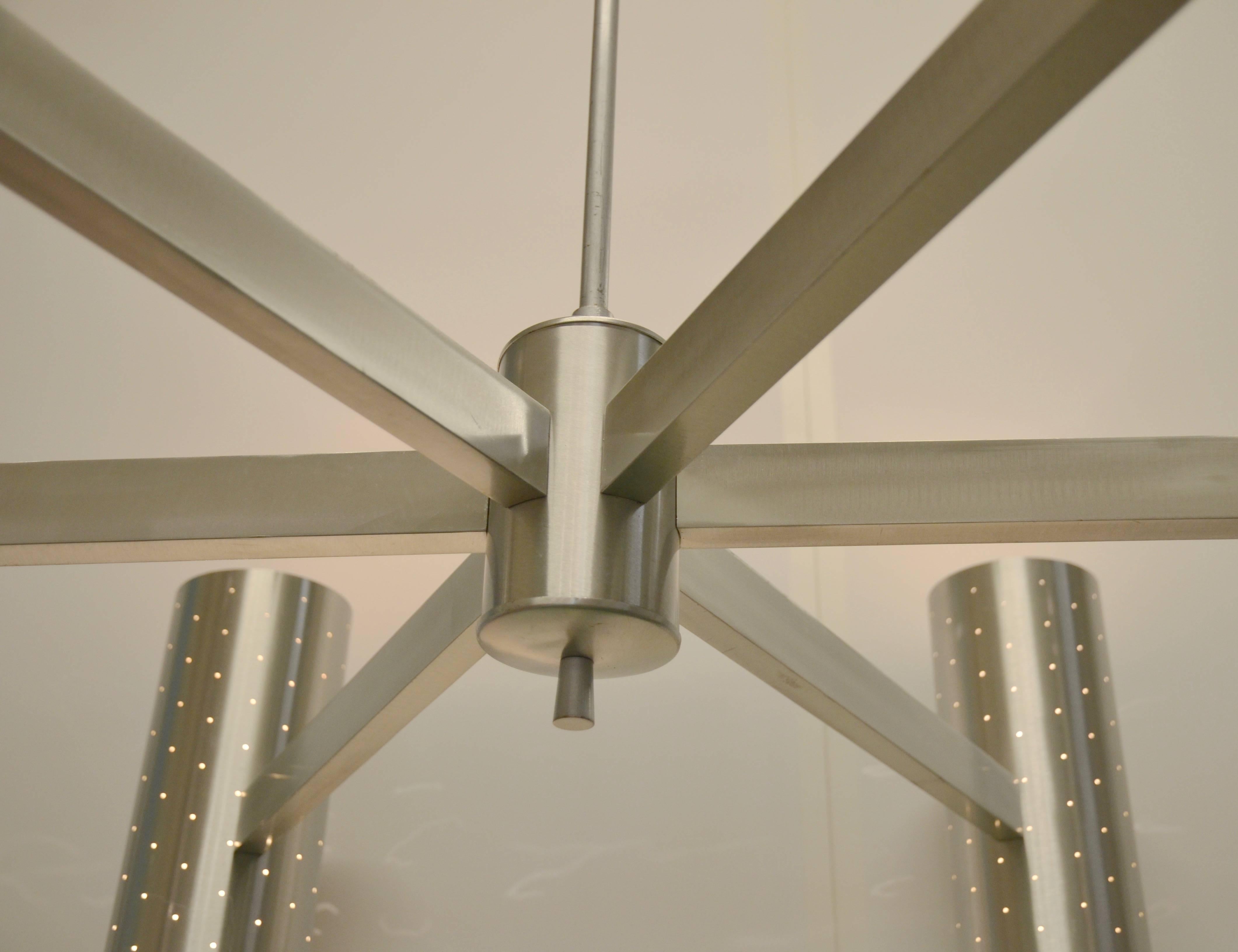 6 Spoke Aluminum Stainless Finish Pendant Chandeliers 4' wide, 1950s, sold sep. In Excellent Condition In Austin, TX