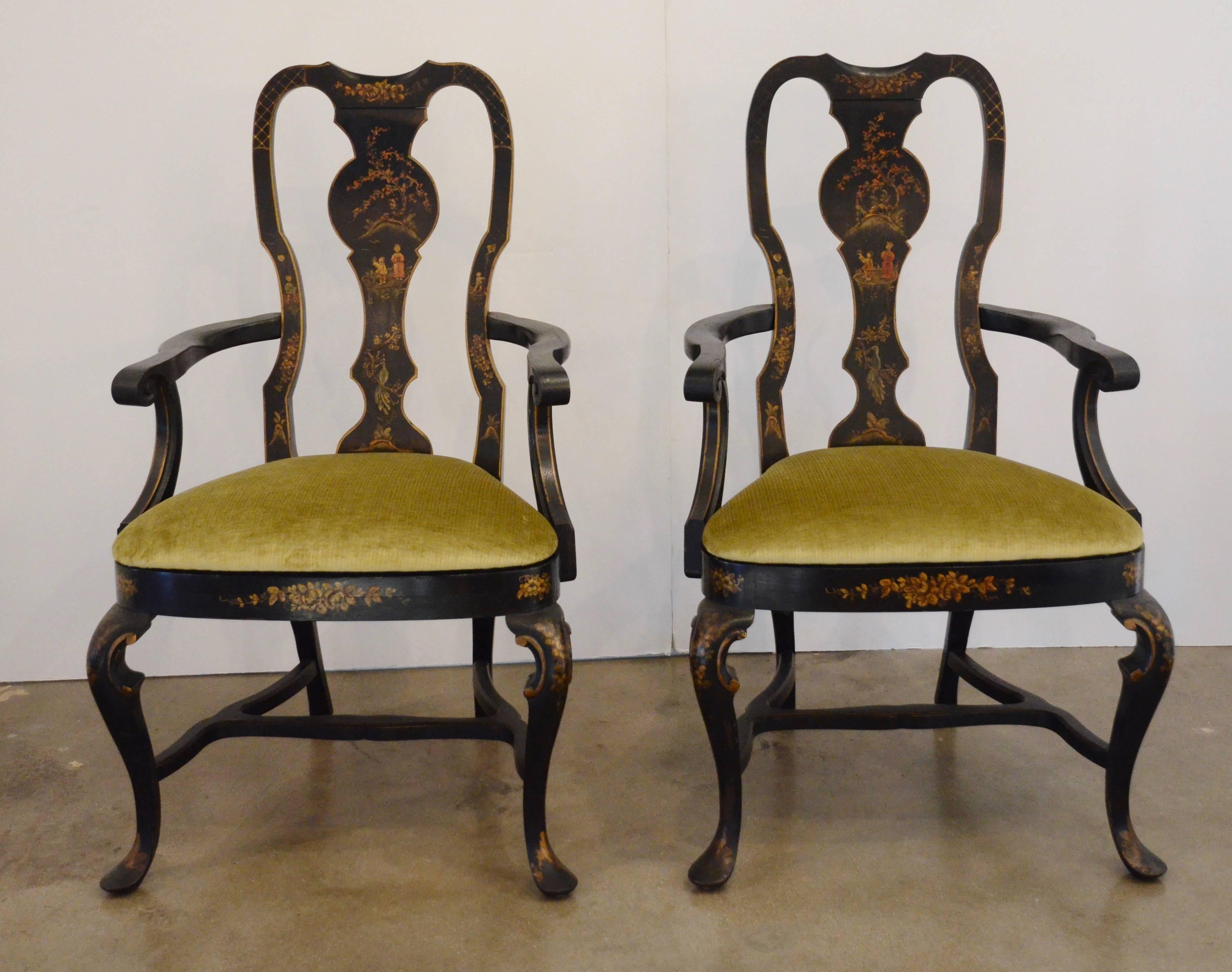 20th Century Set of Six Black Chinioserie Dining Chairs