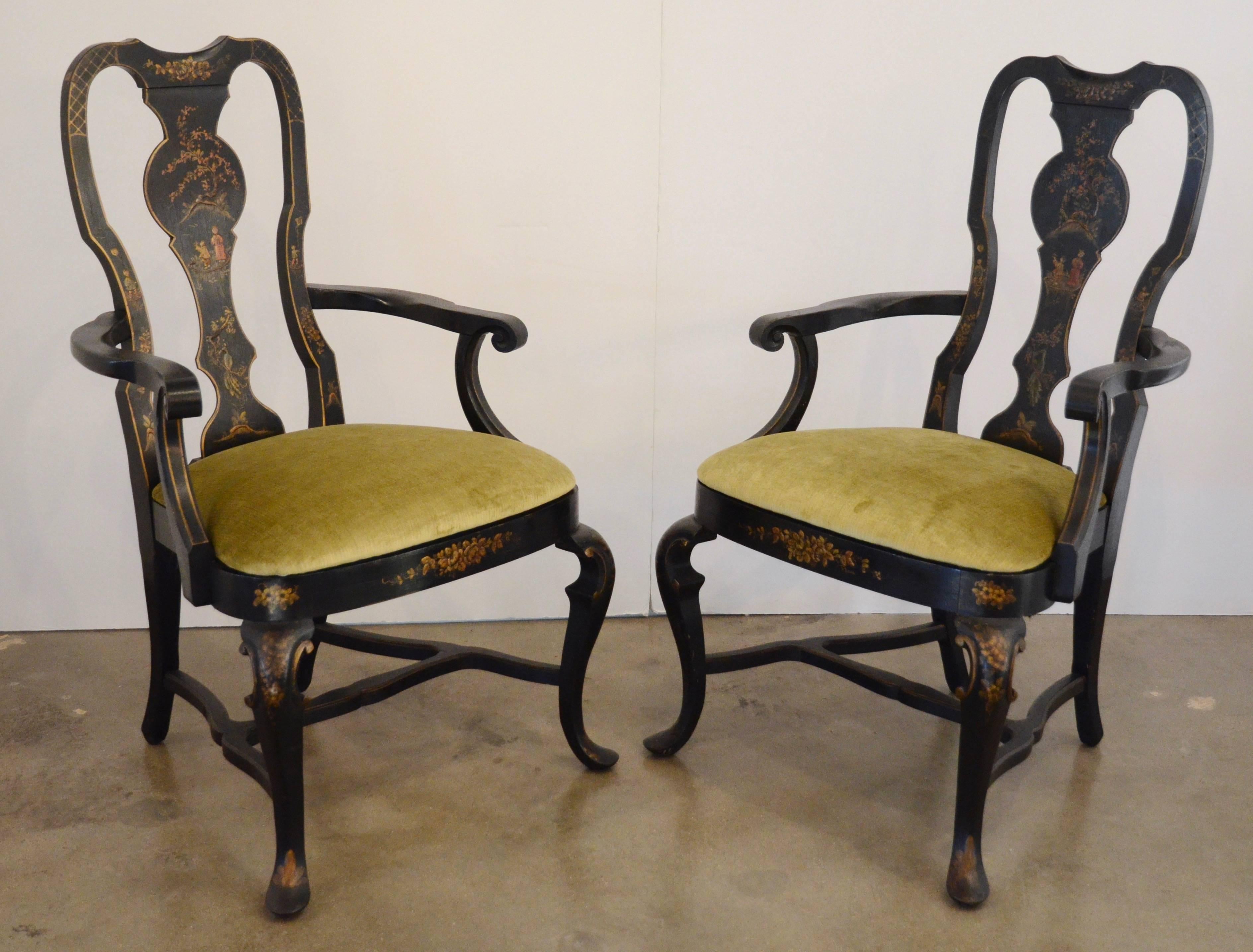 English Set of Six Black Chinioserie Dining Chairs