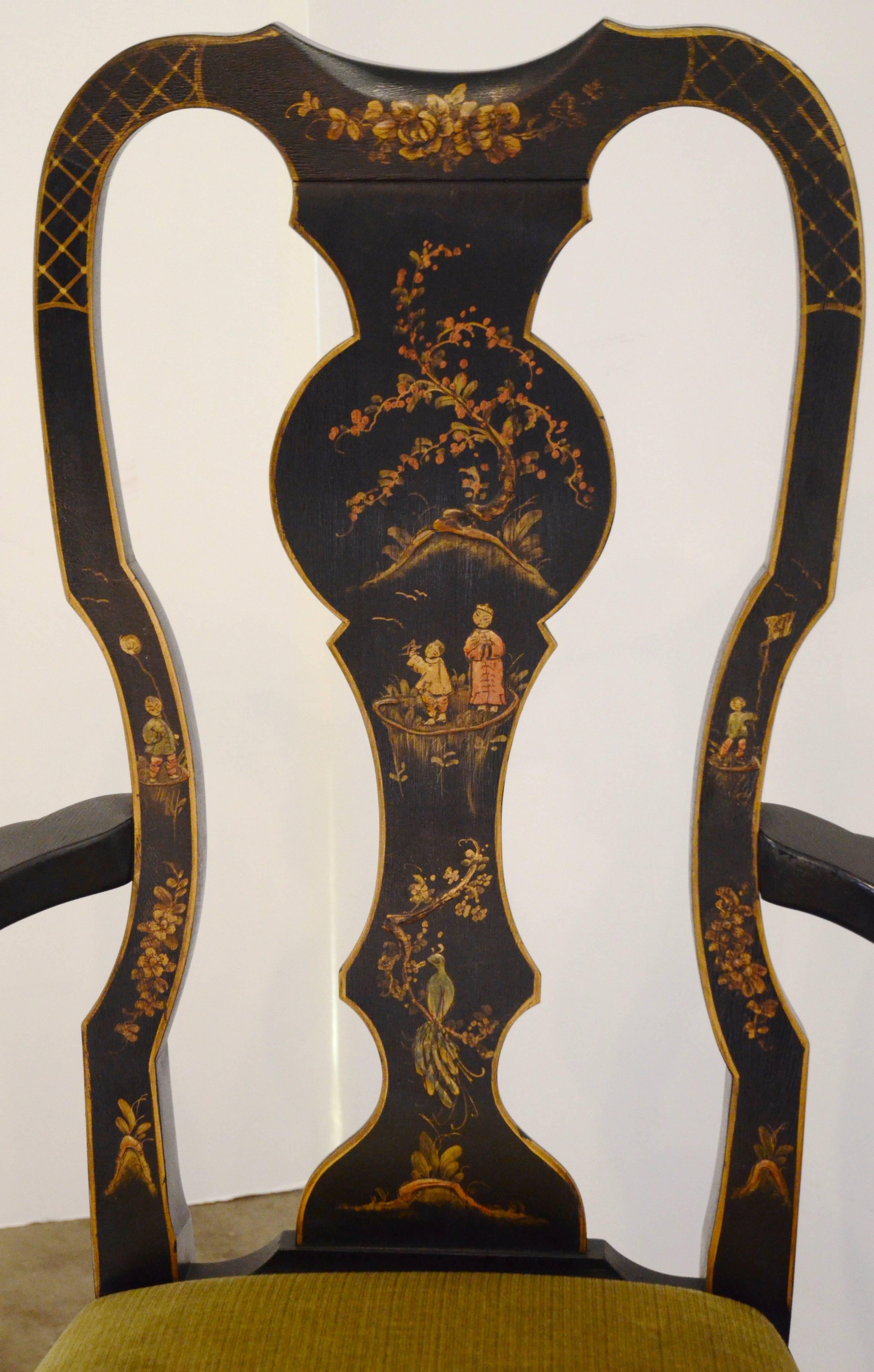 Set of Six Black Chinioserie Dining Chairs In Good Condition In Austin, TX