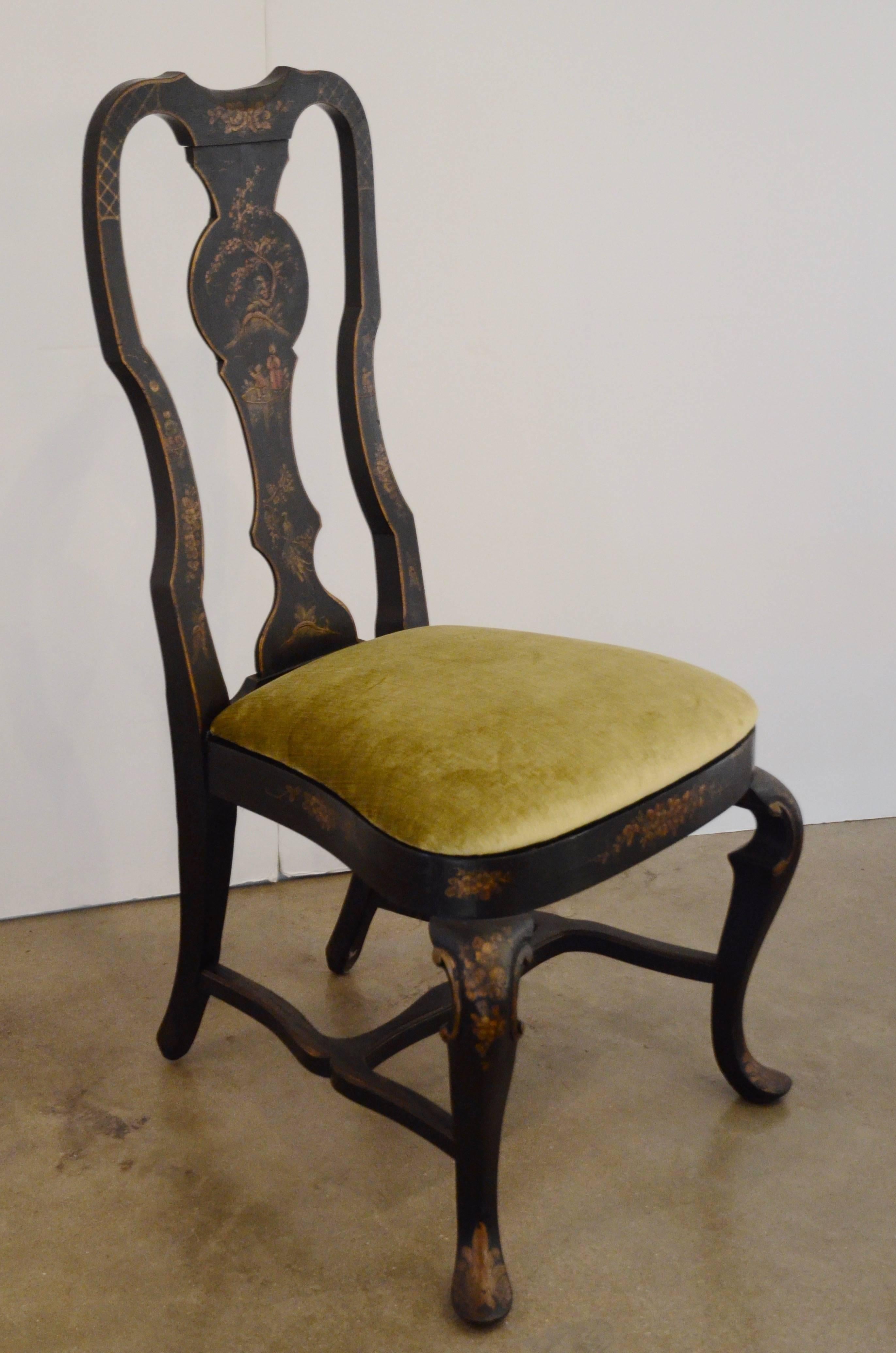 Wood Set of Six Black Chinioserie Dining Chairs
