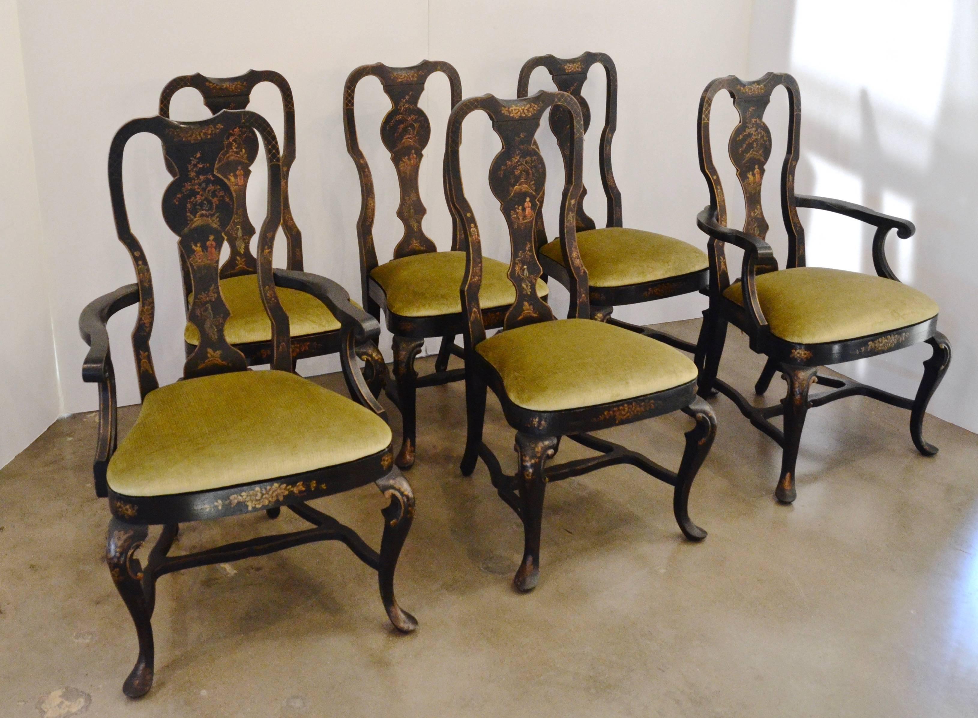Set of Six Black Chinioserie Dining Chairs 2