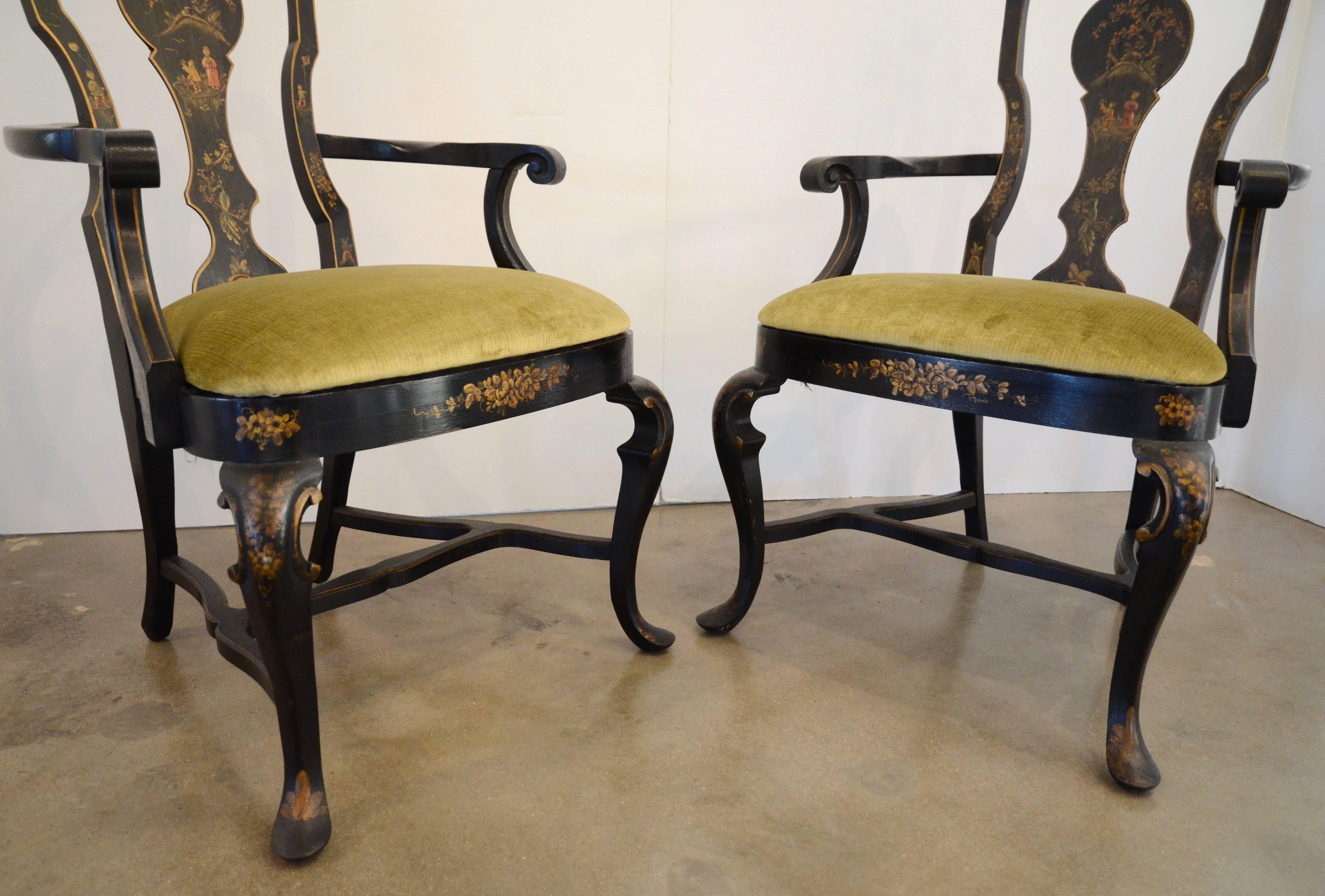 Set of Six Black Chinioserie Dining Chairs 3