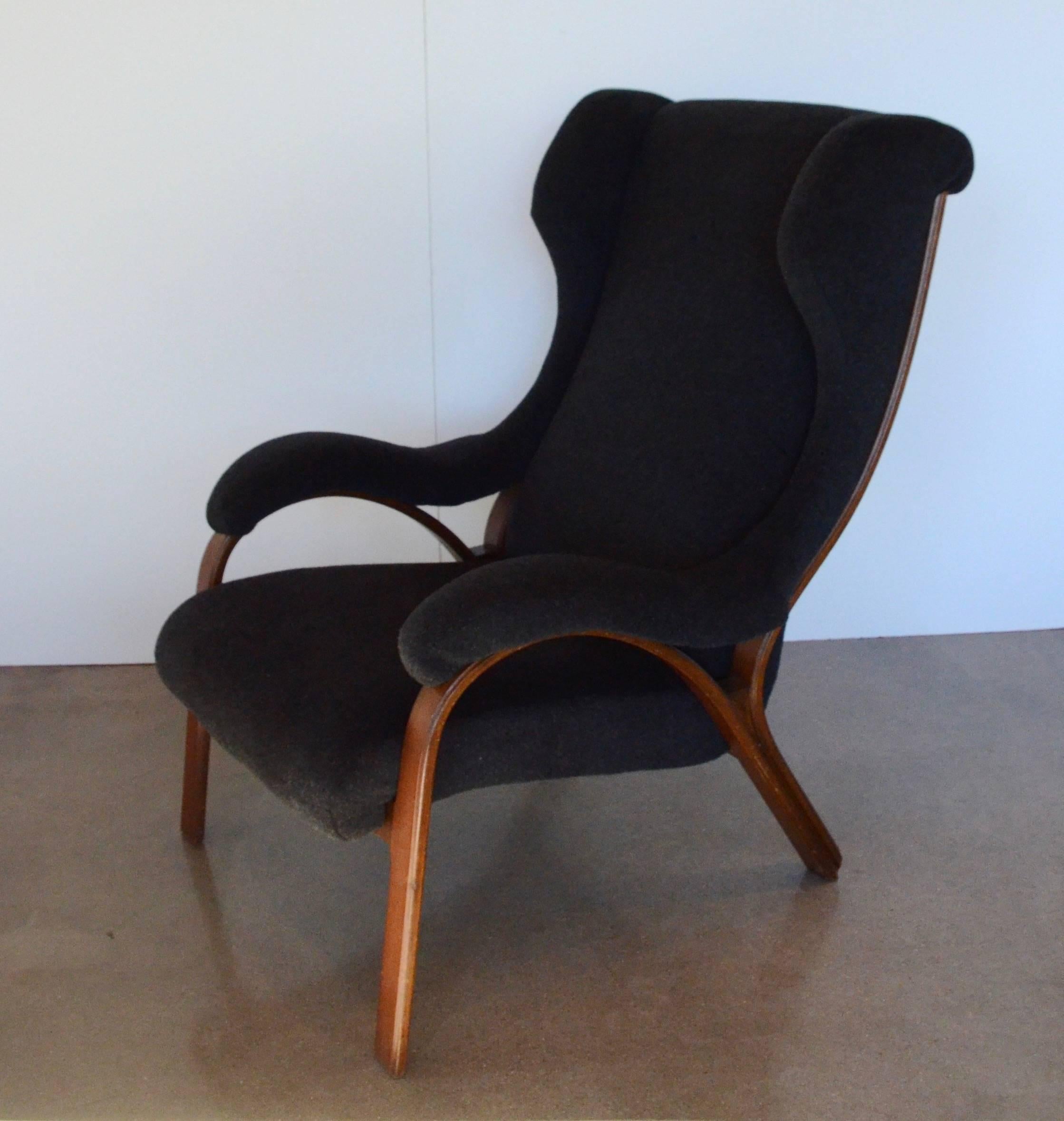 Mid-Century Italian Chair with Partial Wingback in Black Mohair In Excellent Condition In Austin, TX