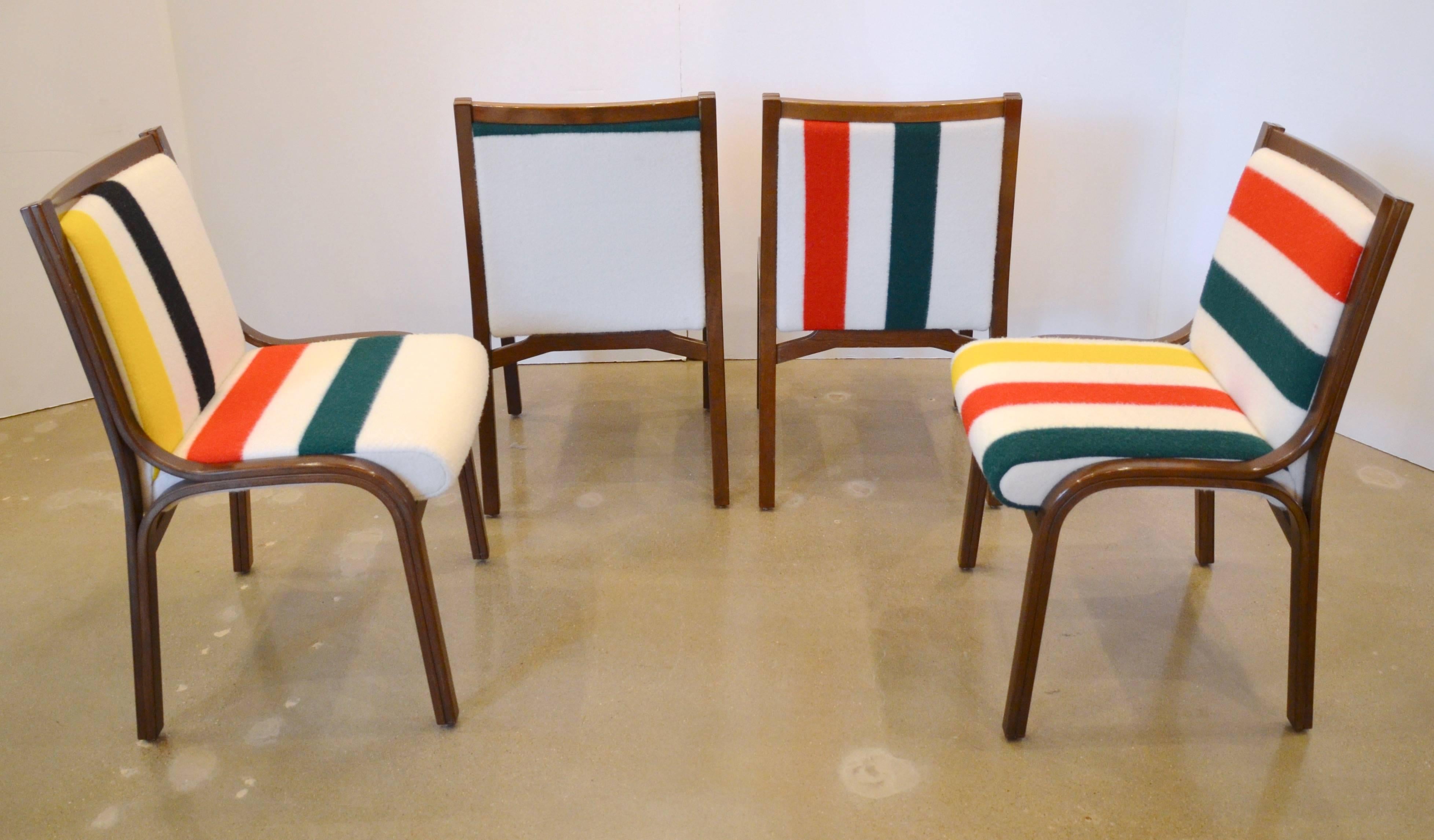Italian 1970s Bentwood Dining Chairs in New Pendleton Blanket Upholstery, Set of Six