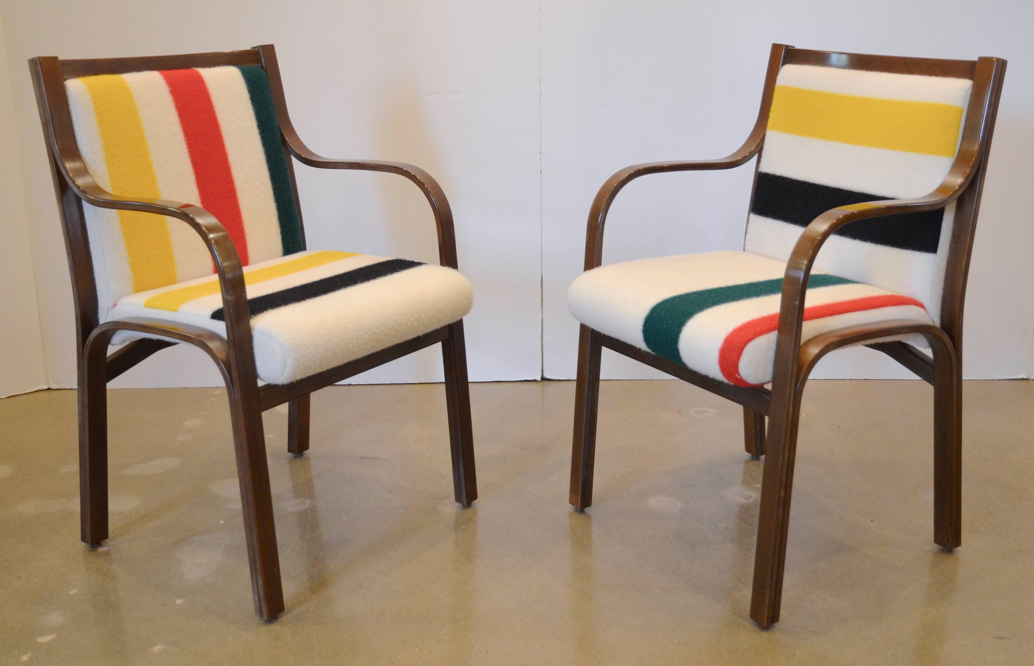 Mid-Century Modern 1970s Bentwood Dining Chairs in New Pendleton Blanket Upholstery, Set of Six