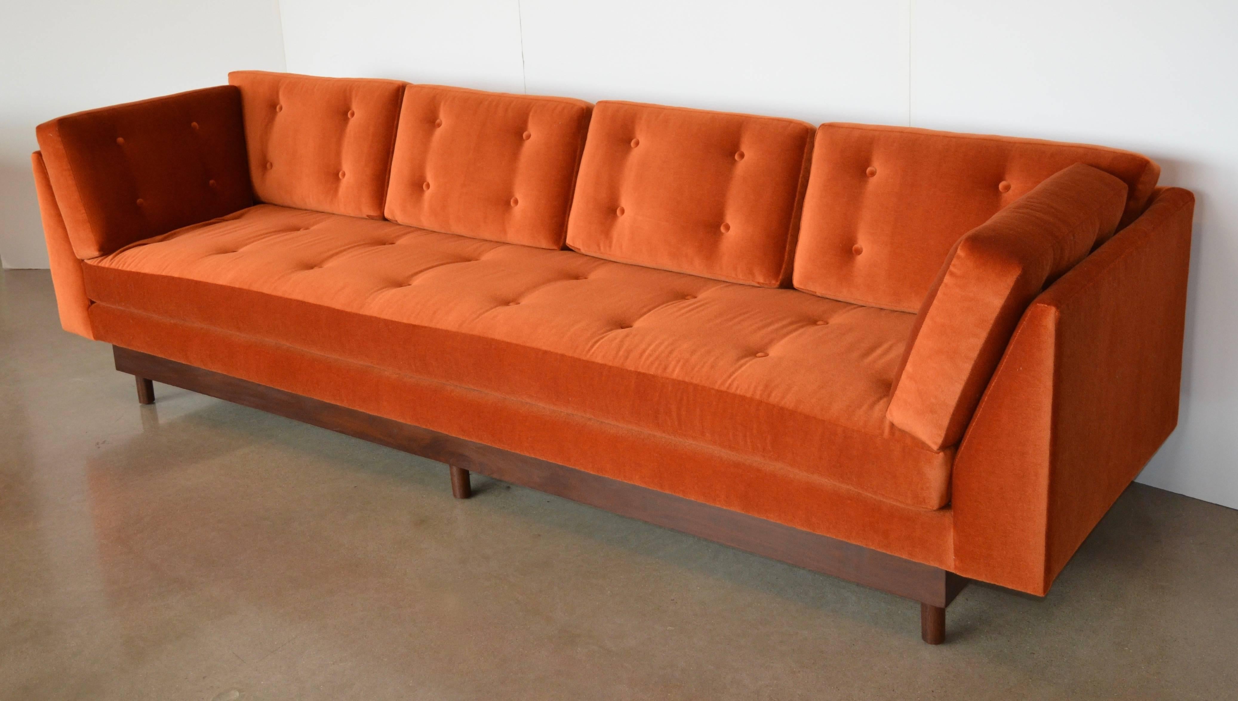 Mid-Century Wormley Style 4-Seater Sofa in Orange Mohair In Excellent Condition In Austin, TX