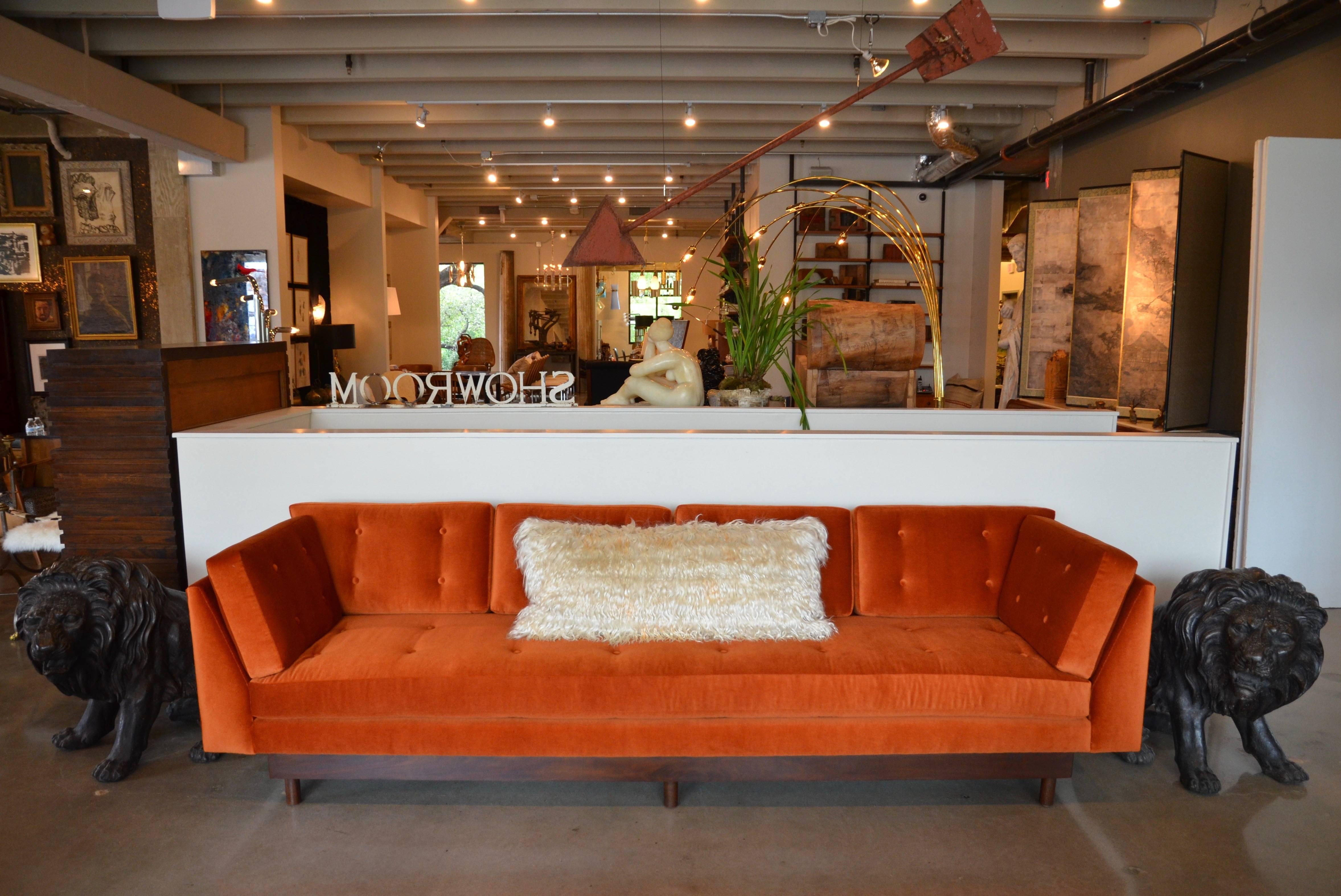 This sofa is a statement piece at 111",  but is also well structured, comfortable, and has Classic Mid-Century details in the style Edward Wormley and Adrian Pearsall. Newly reupholstered in high grade mohair for luxury and durability. One