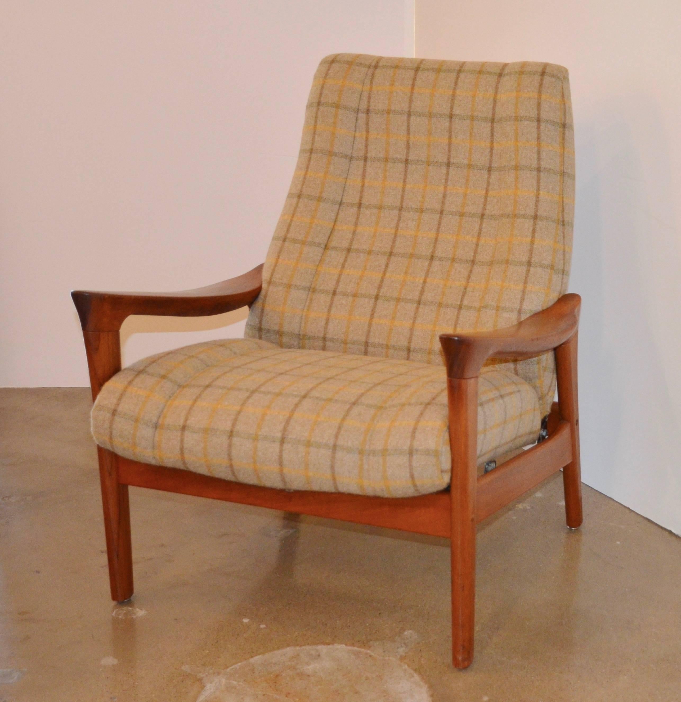 Danish Mid-Century Wood Framed Recliner with Ottoman In Excellent Condition In Austin, TX