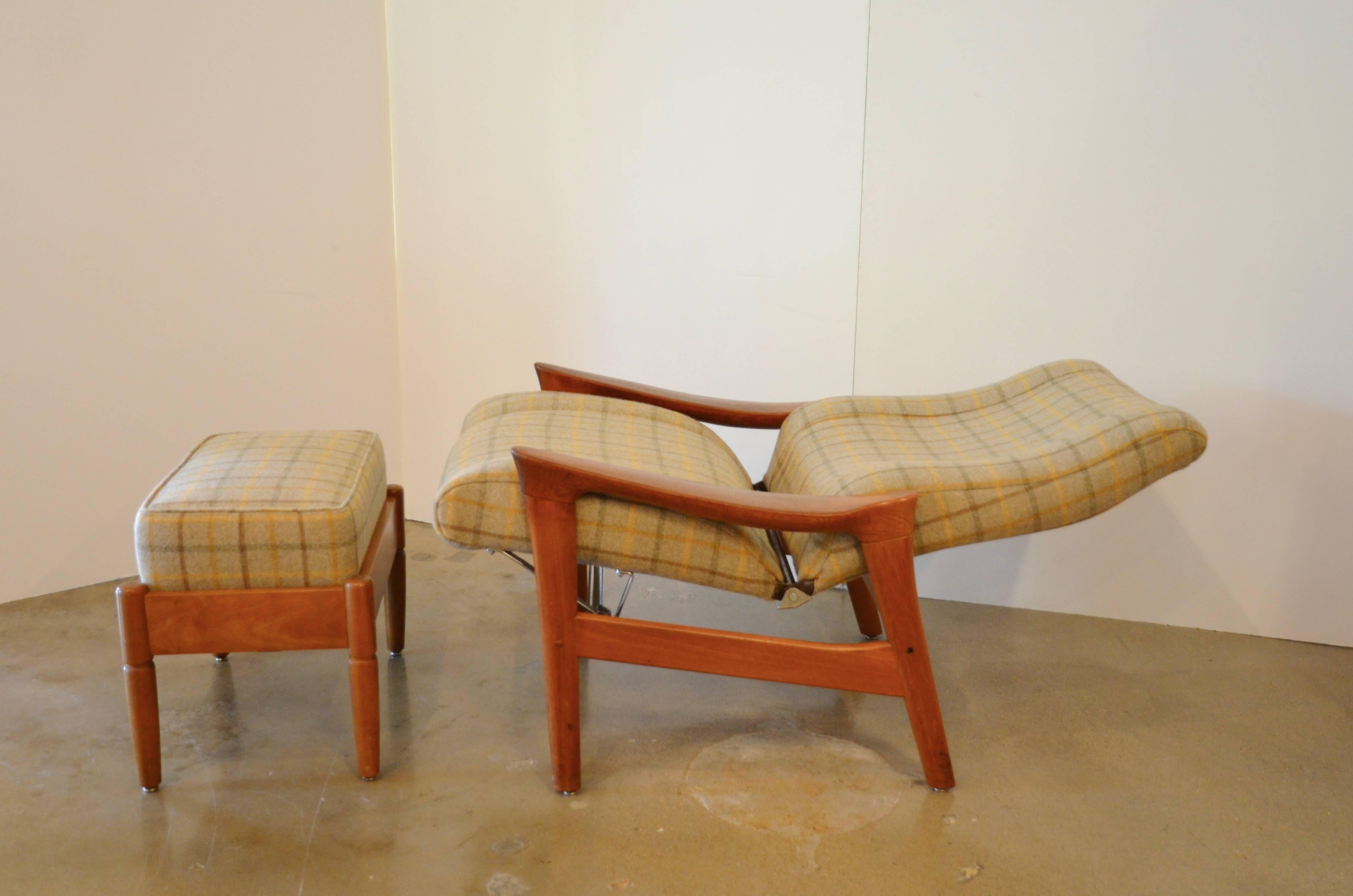 Danish Mid-Century Wood Framed Recliner with Ottoman 1