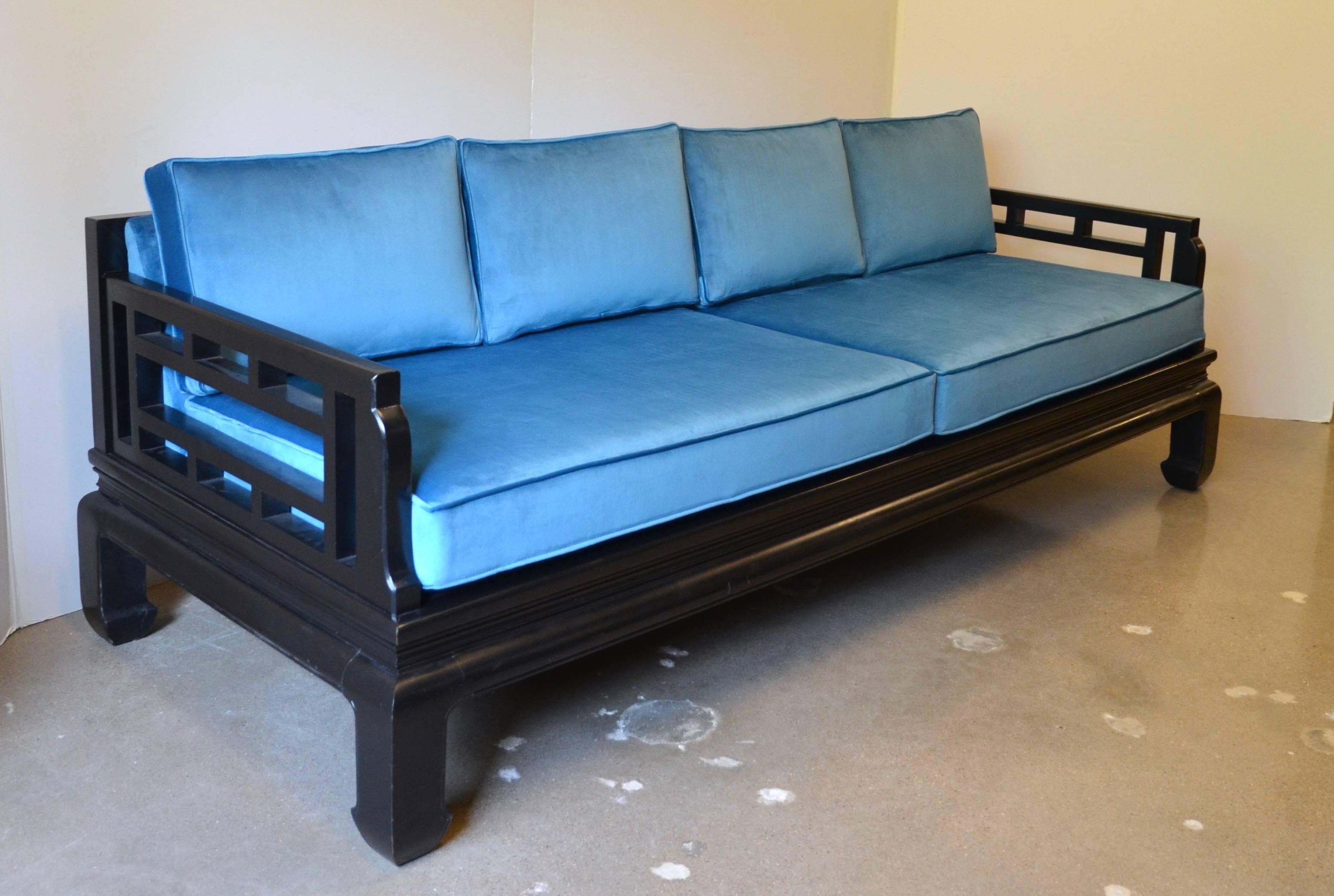 Hollywood Regency Black Lacquer Sofa Baker Style with Chippendale Fretwork and Blue Velvet