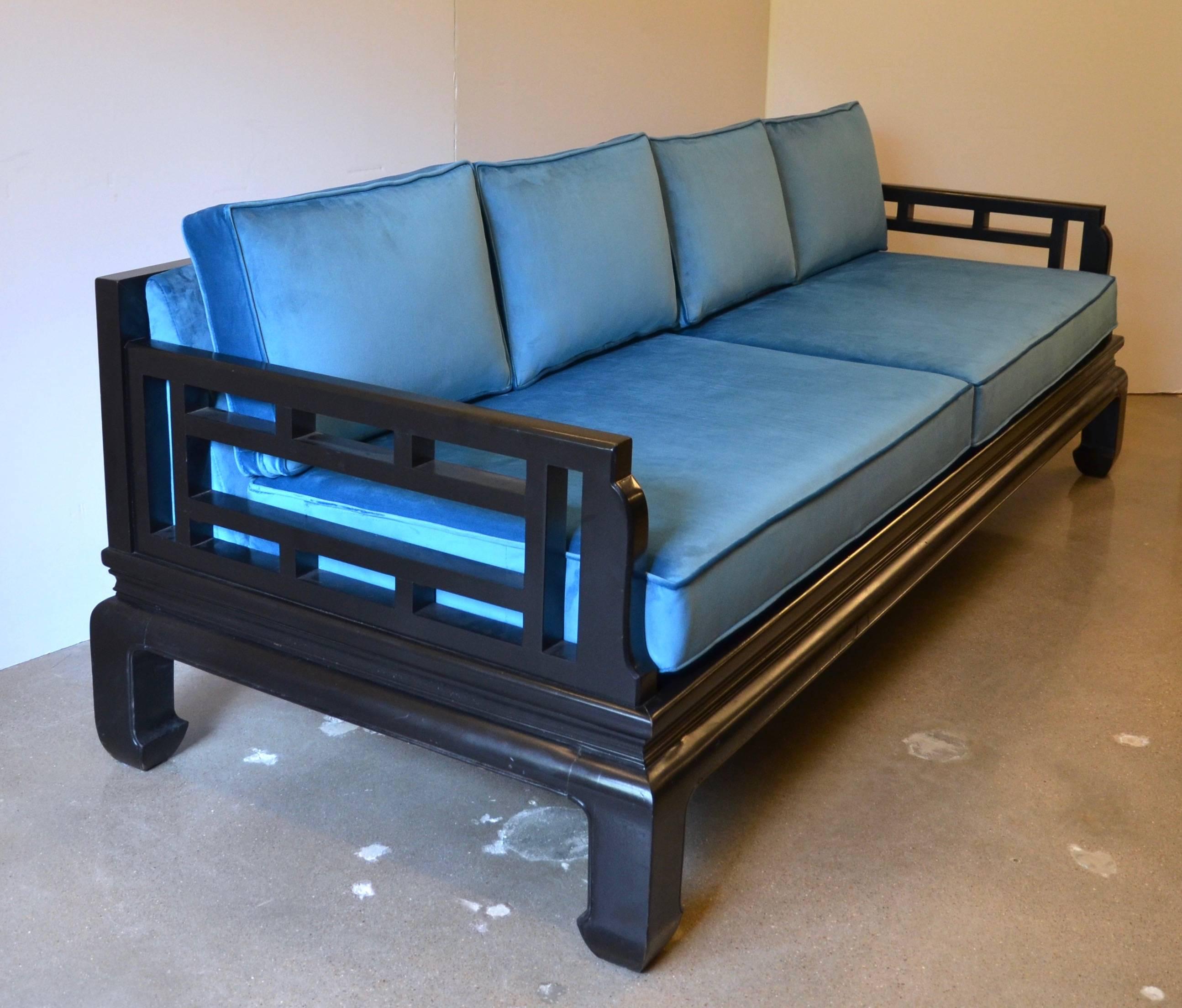 Black Lacquer Sofa Baker Style with Chippendale Fretwork and Blue Velvet In Excellent Condition In Austin, TX