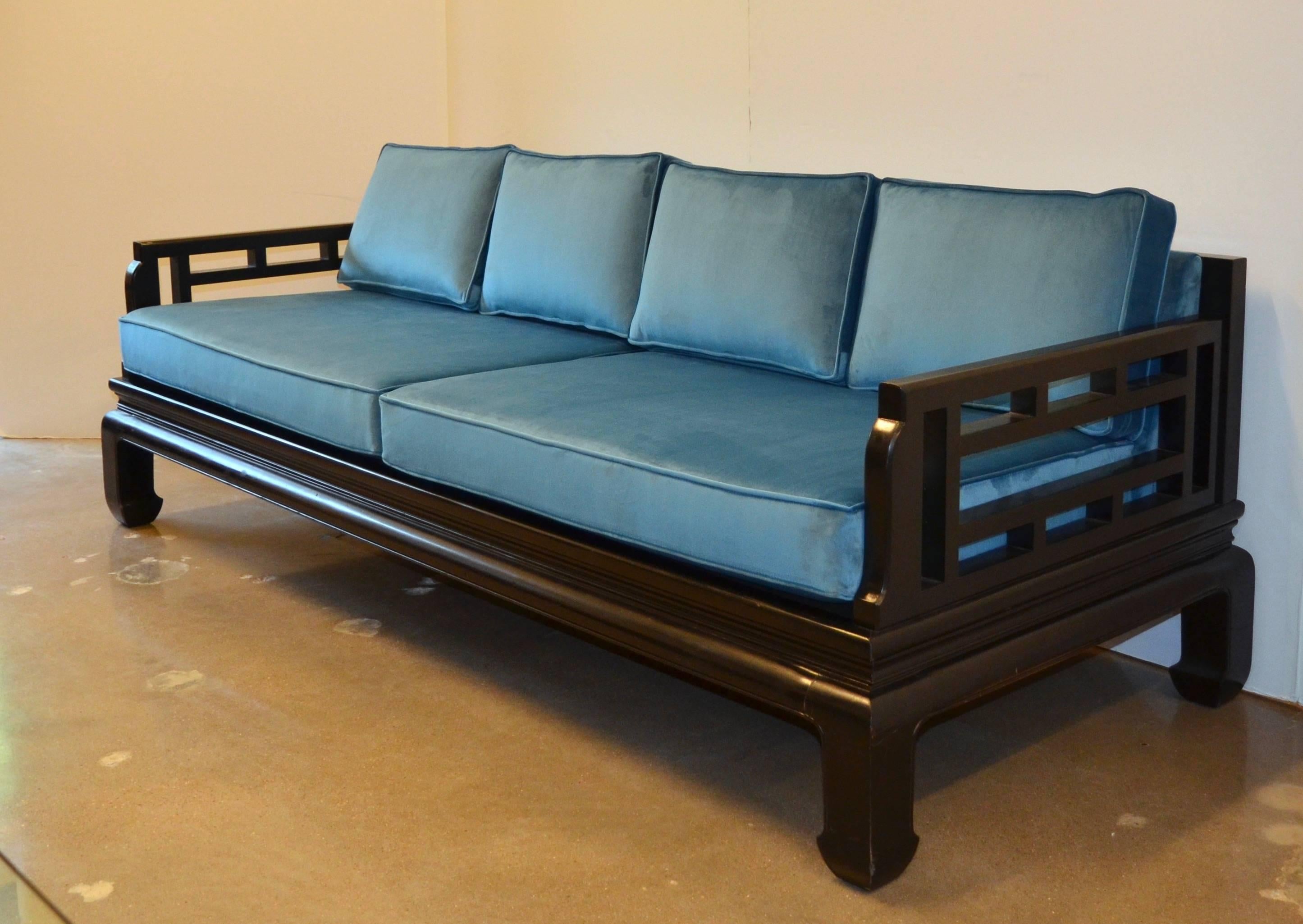 American Black Lacquer Sofa Baker Style with Chippendale Fretwork and Blue Velvet