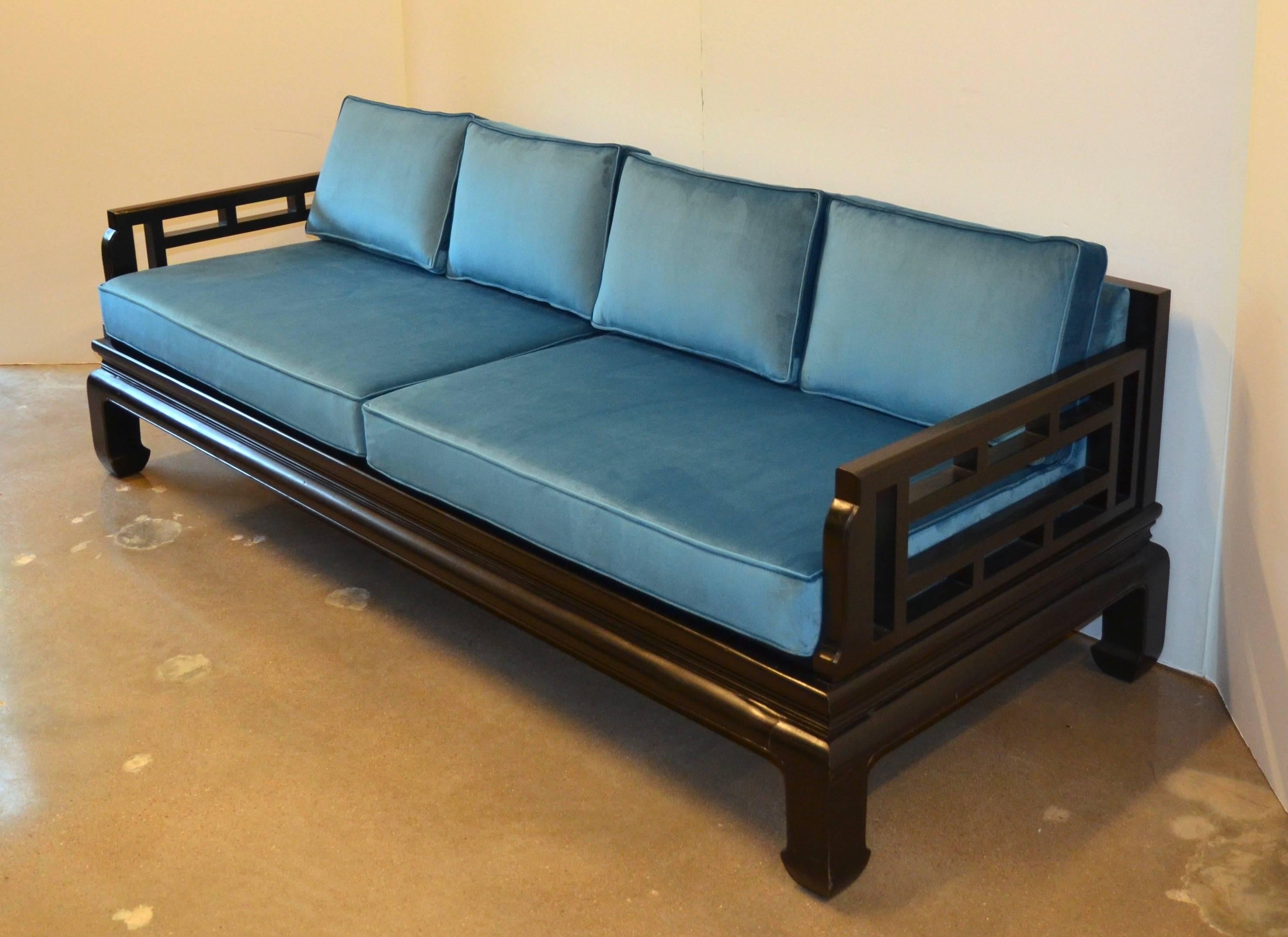 Mid-20th Century Black Lacquer Sofa Baker Style with Chippendale Fretwork and Blue Velvet