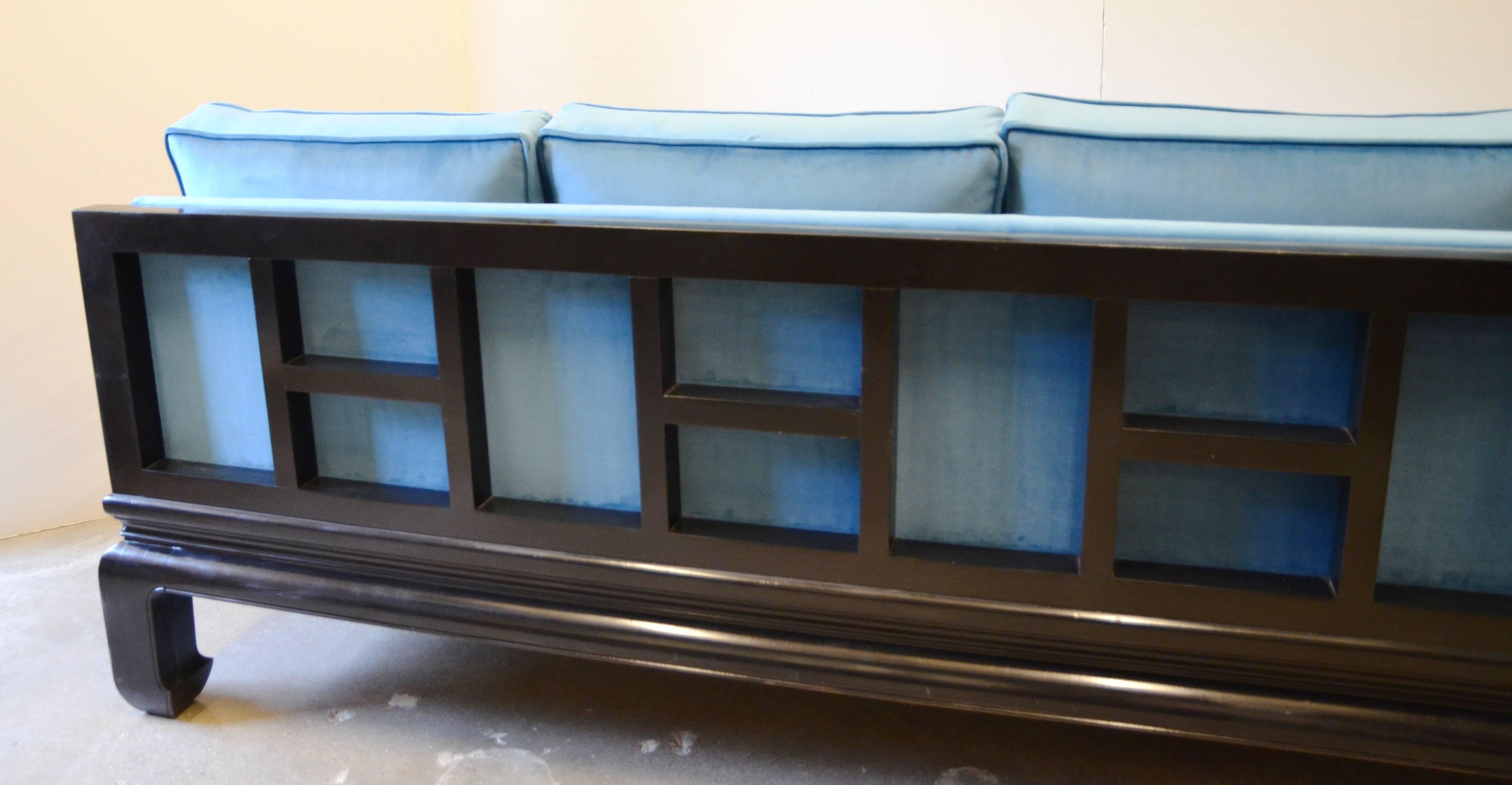 Black Lacquer Sofa Baker Style with Chippendale Fretwork and Blue Velvet 1
