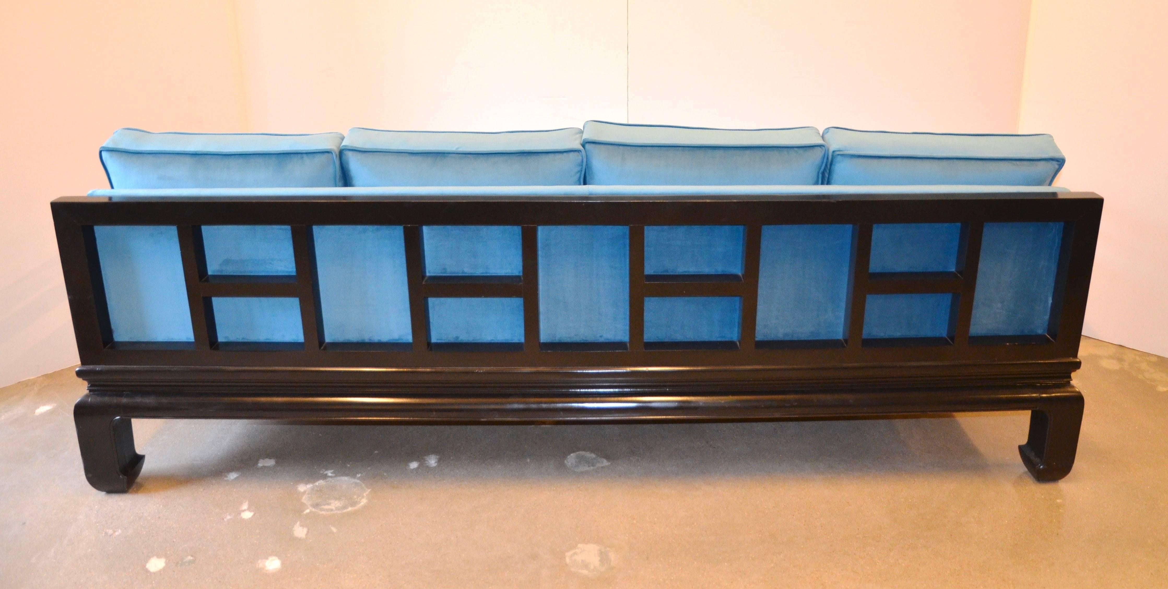 Black Lacquer Sofa Baker Style with Chippendale Fretwork and Blue Velvet 2