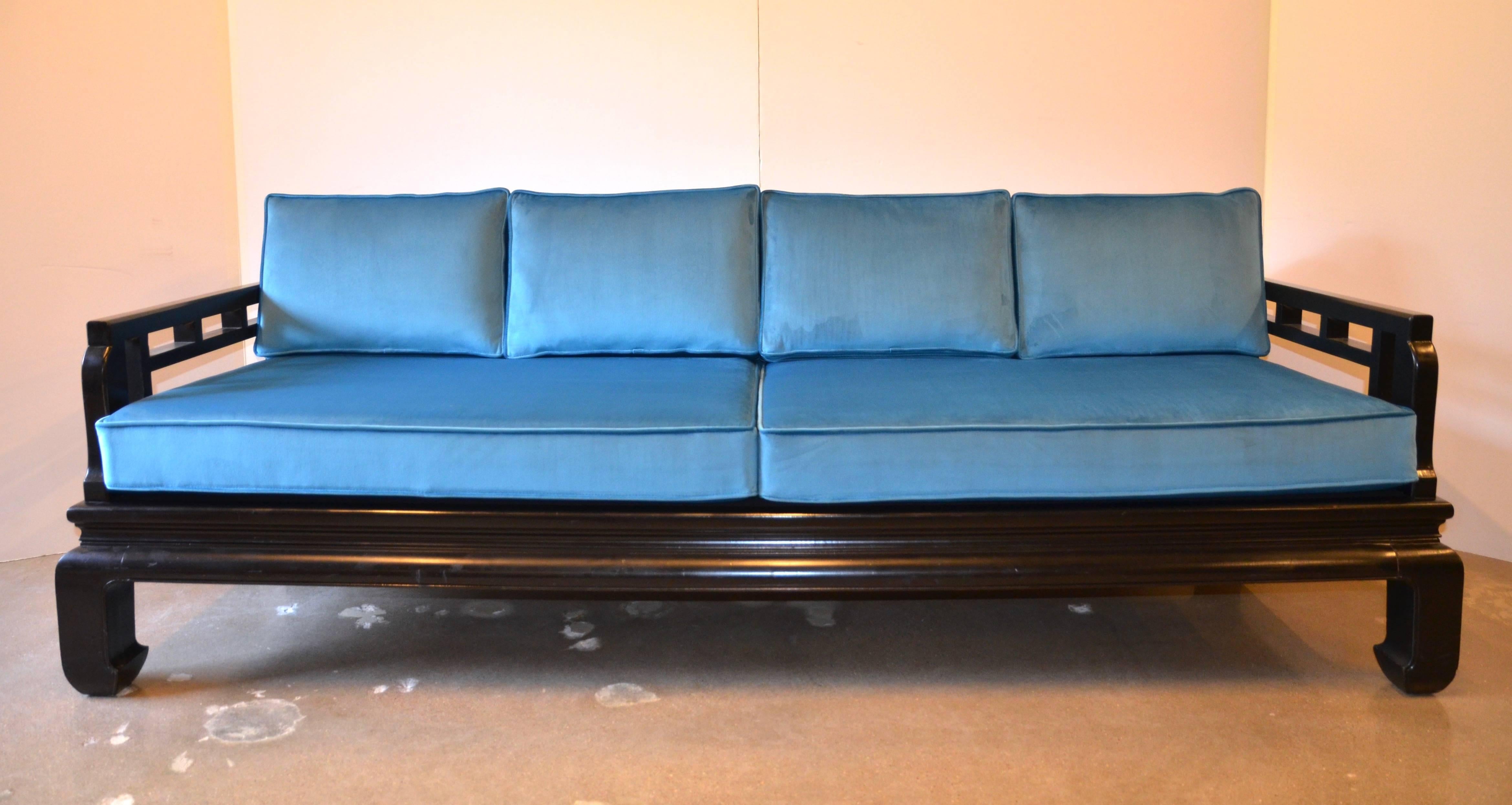 Black Lacquer Sofa Baker Style with Chippendale Fretwork and Blue Velvet 3