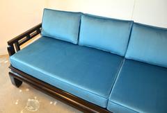 Black Lacquer Sofa Baker Style with Chippendale Fretwork and Blue Velvet