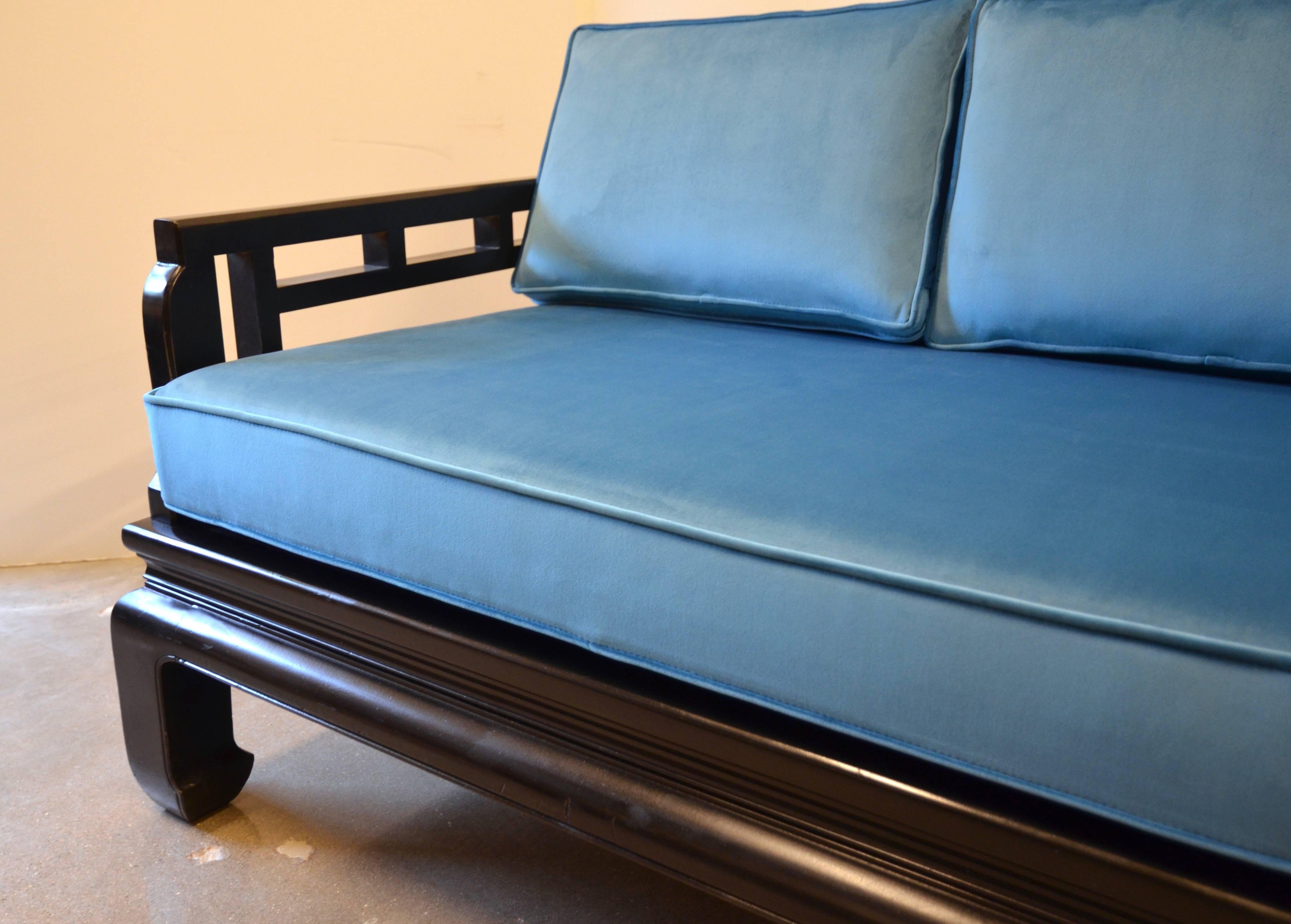 Black Lacquer Sofa Baker Style with Chippendale Fretwork and Blue Velvet 4