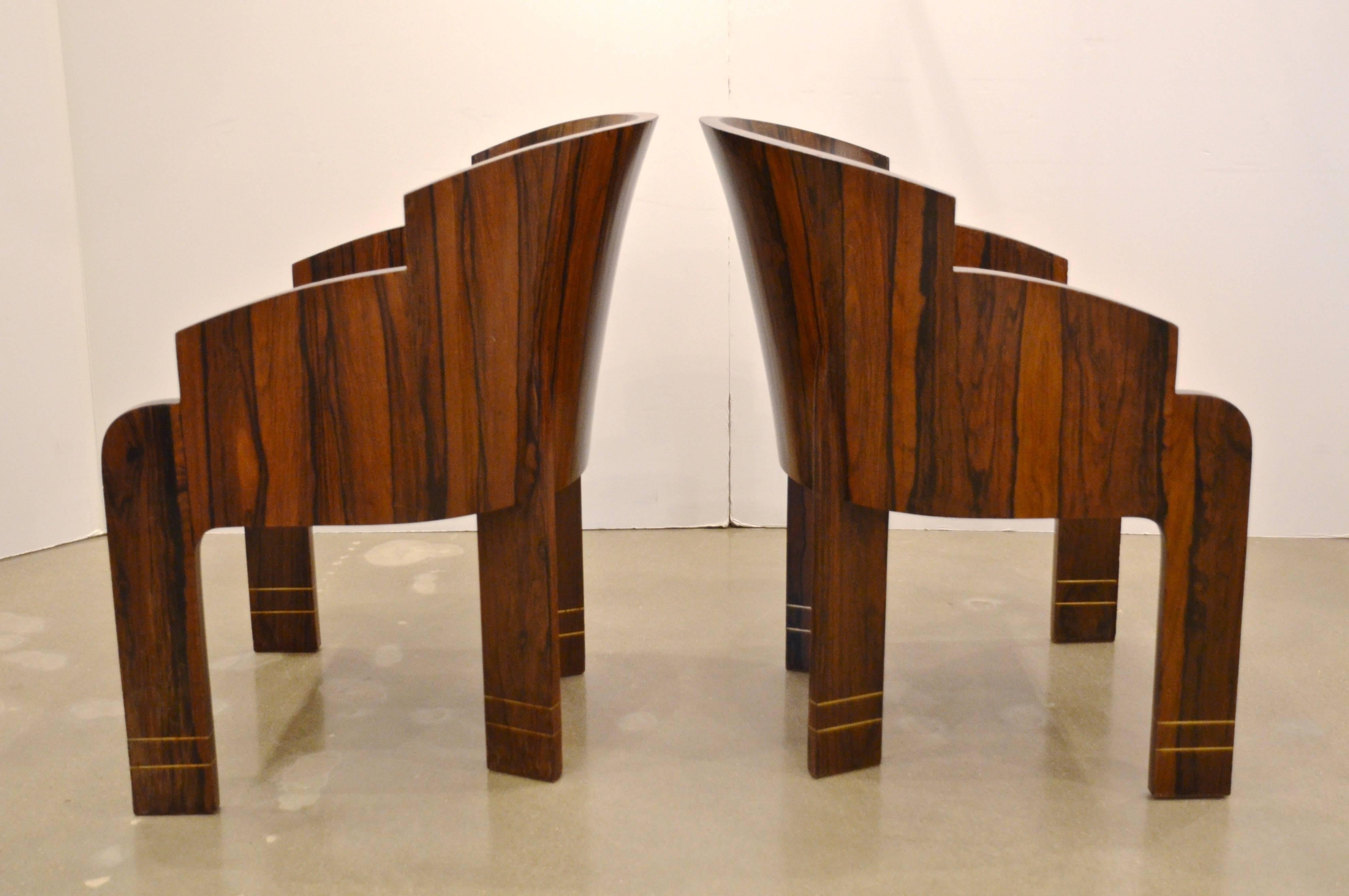 Brass Pair of Art Deco Rosewood Barrel Back Tub Chairs, France, 1940
