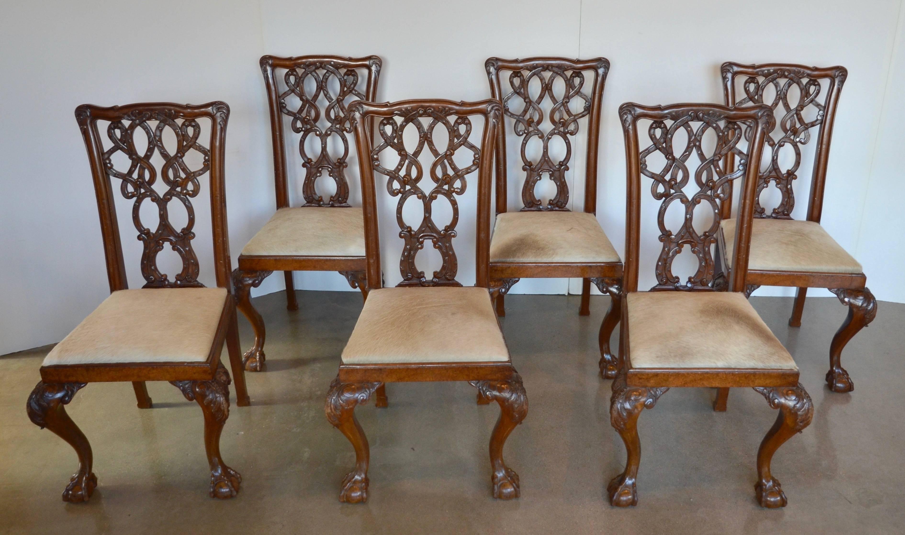 British English Mahogany Chippendale Dining Chairs in Cowhide
