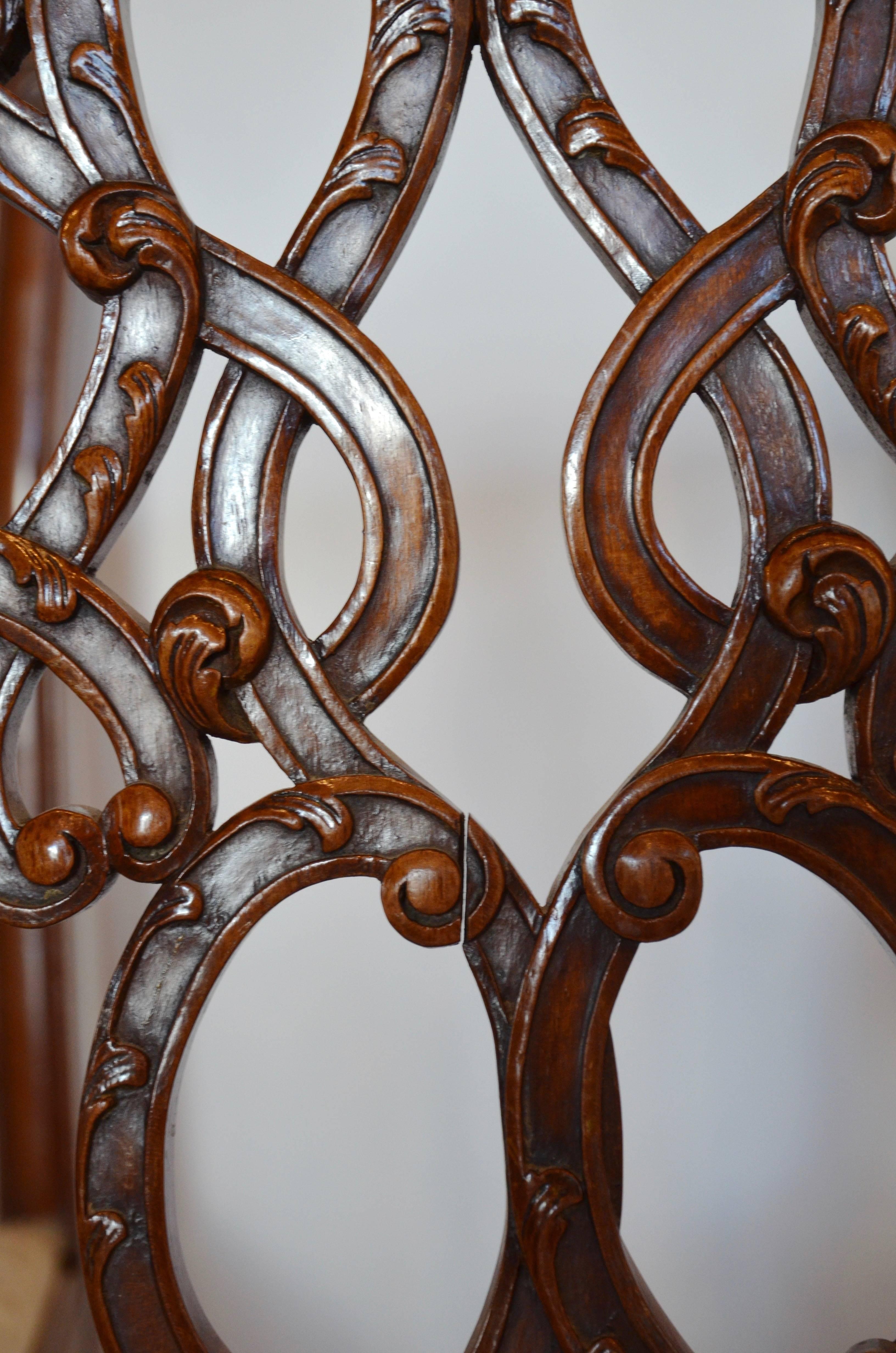Carved English Mahogany Chippendale Dining Chairs in Cowhide