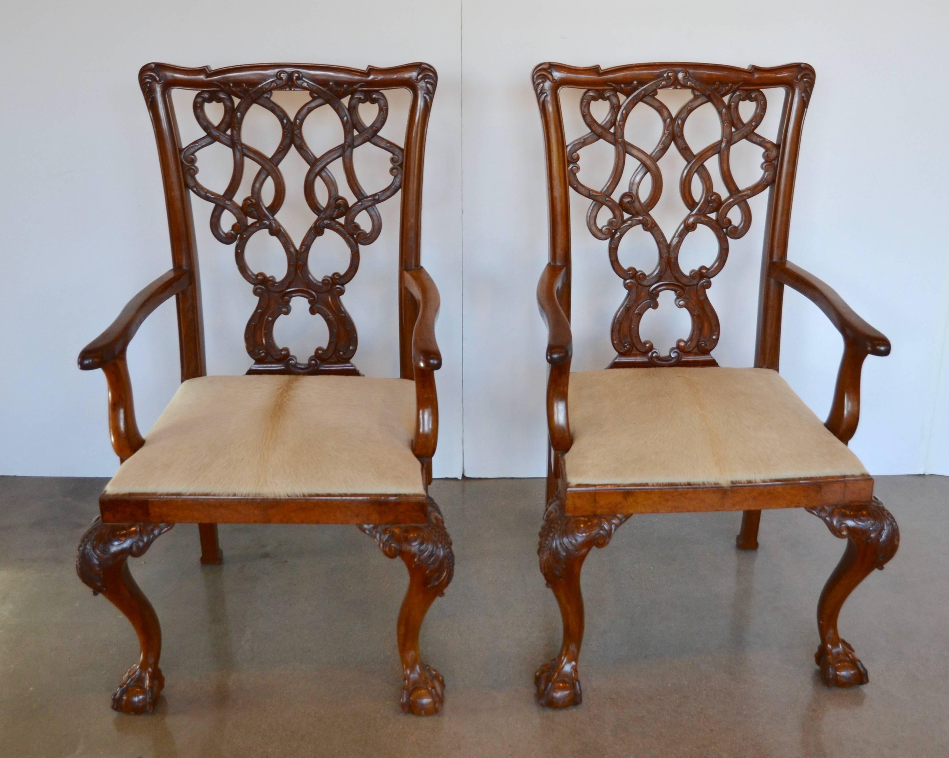 English Mahogany Chippendale Dining Chairs in Cowhide 1