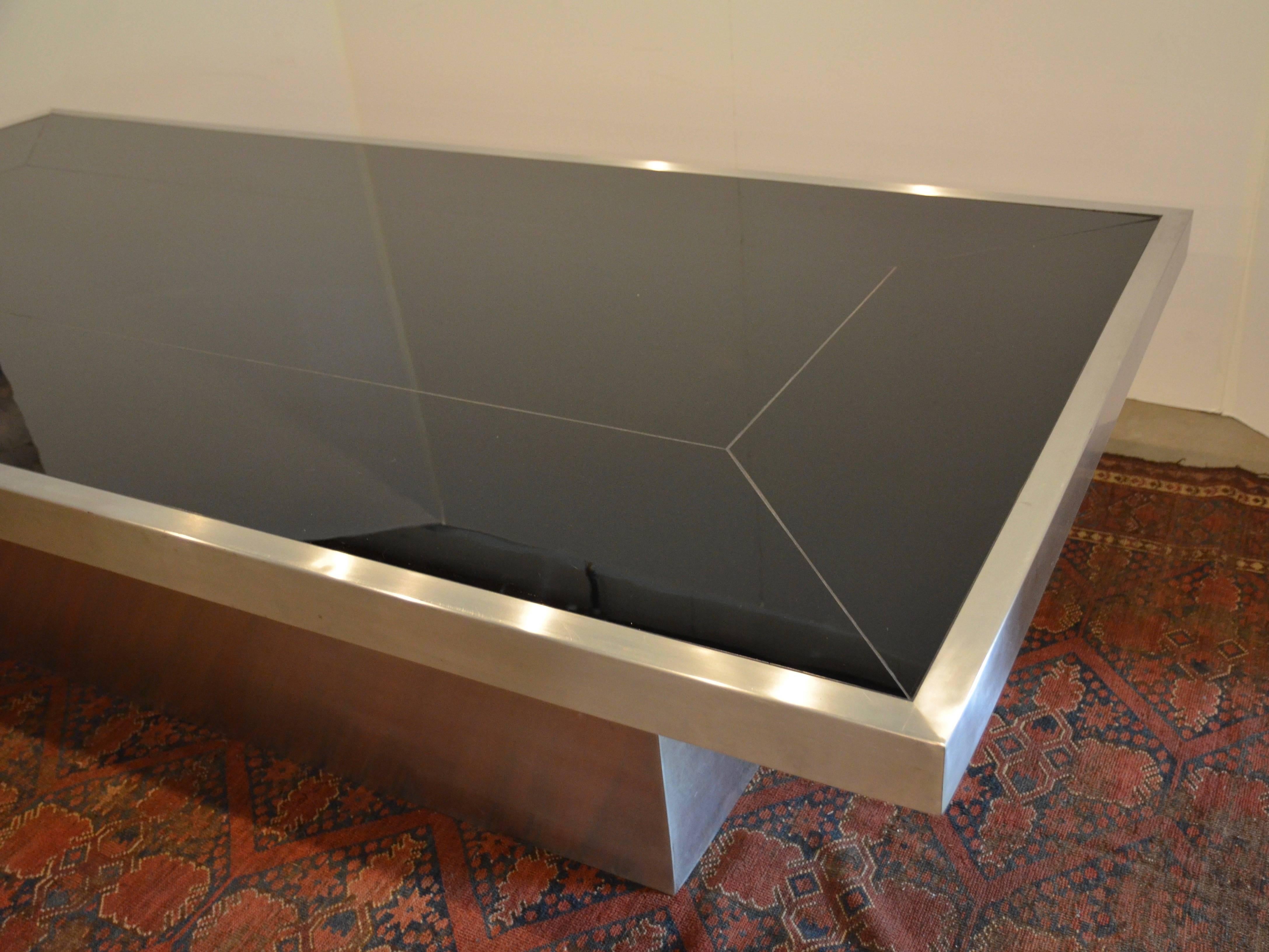 Black Glass and Brushed Aluminum Dining Table, Attributed to Willy Rizzo, 1970s 1