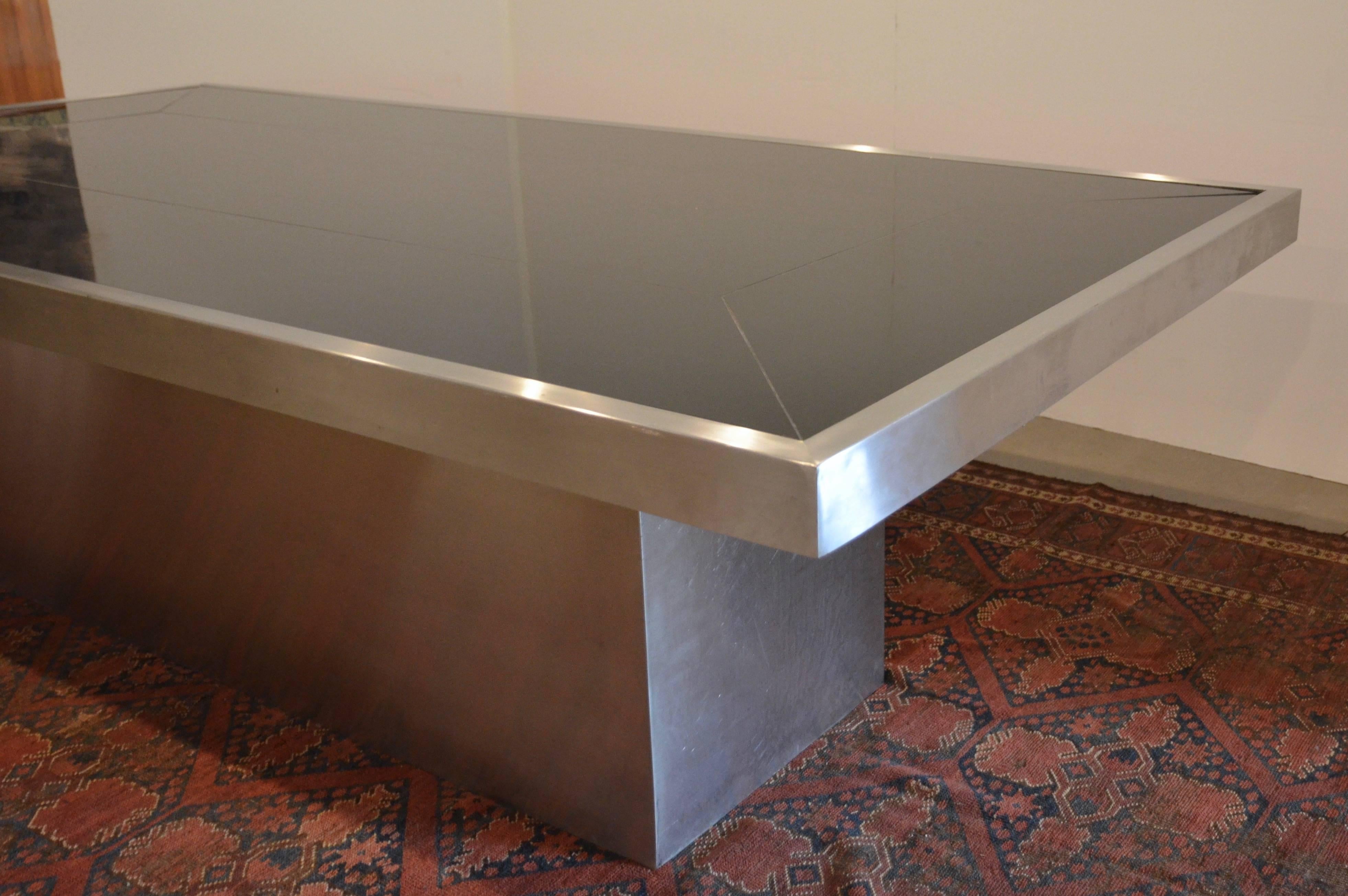 Black Glass and Brushed Aluminum Dining Table, Attributed to Willy Rizzo, 1970s 2
