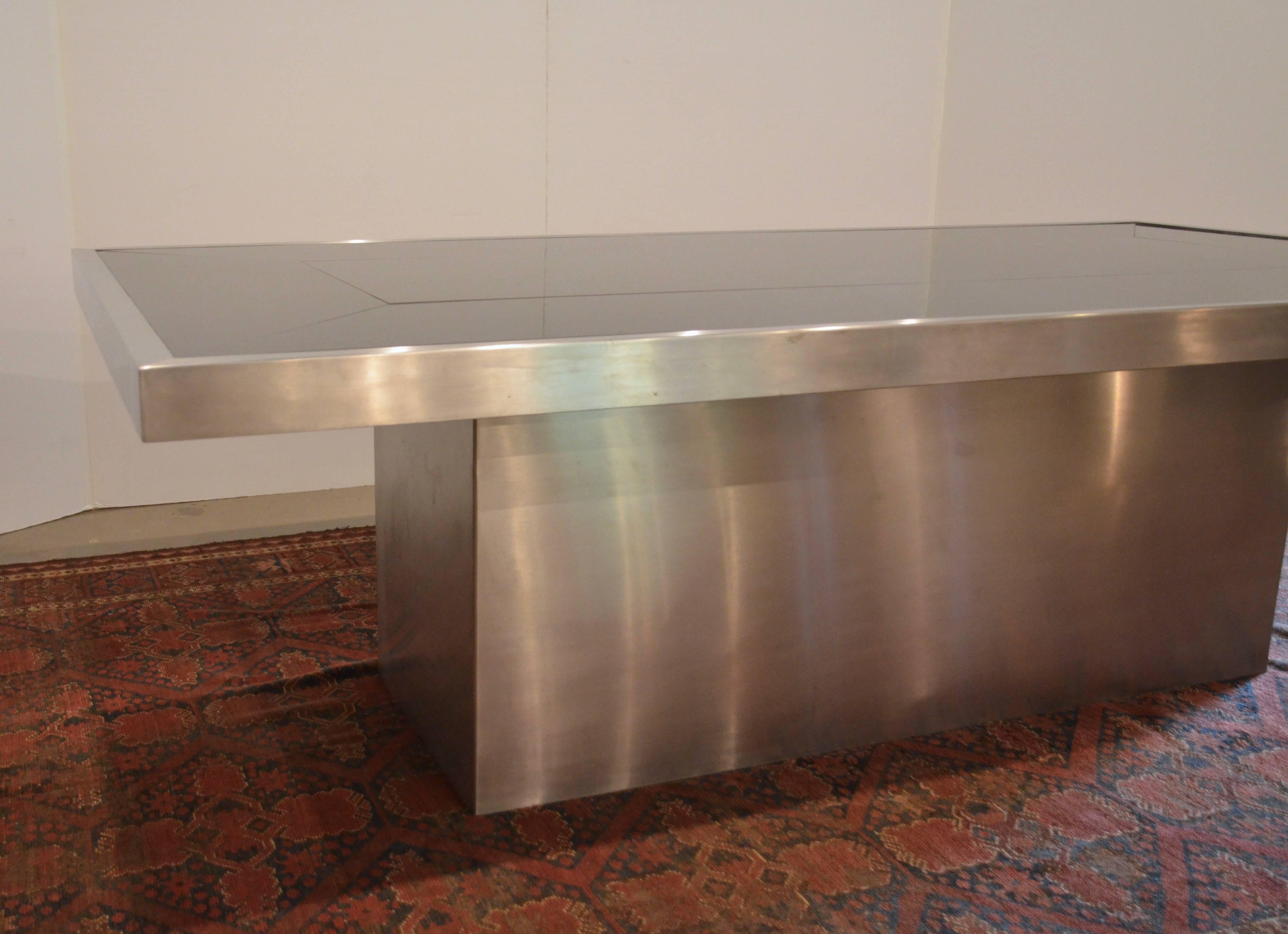 Black Glass and Brushed Aluminum Dining Table, Attributed to Willy Rizzo, 1970s 3