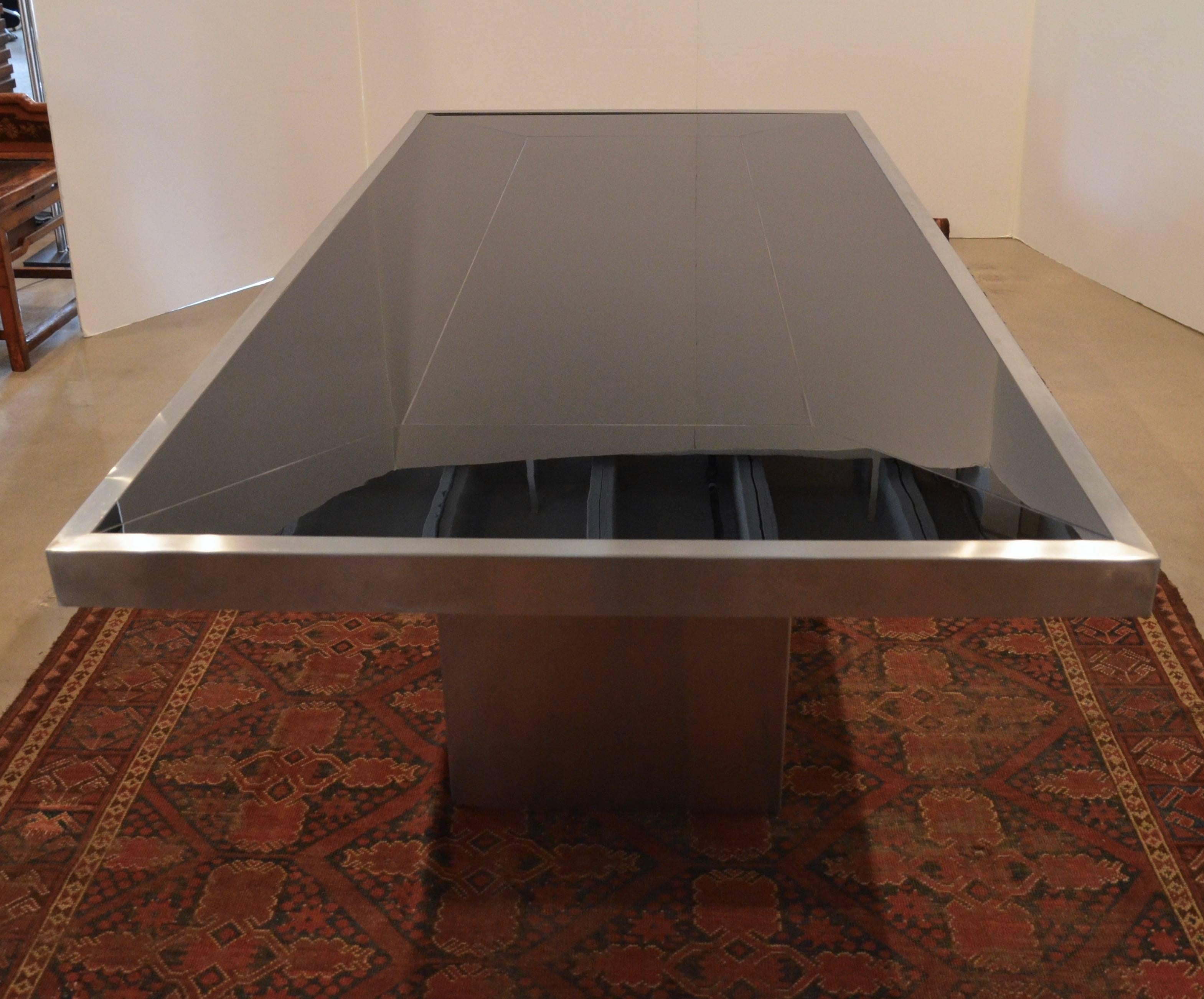 Black Glass and Brushed Aluminum Dining Table, Attributed to Willy Rizzo, 1970s 4