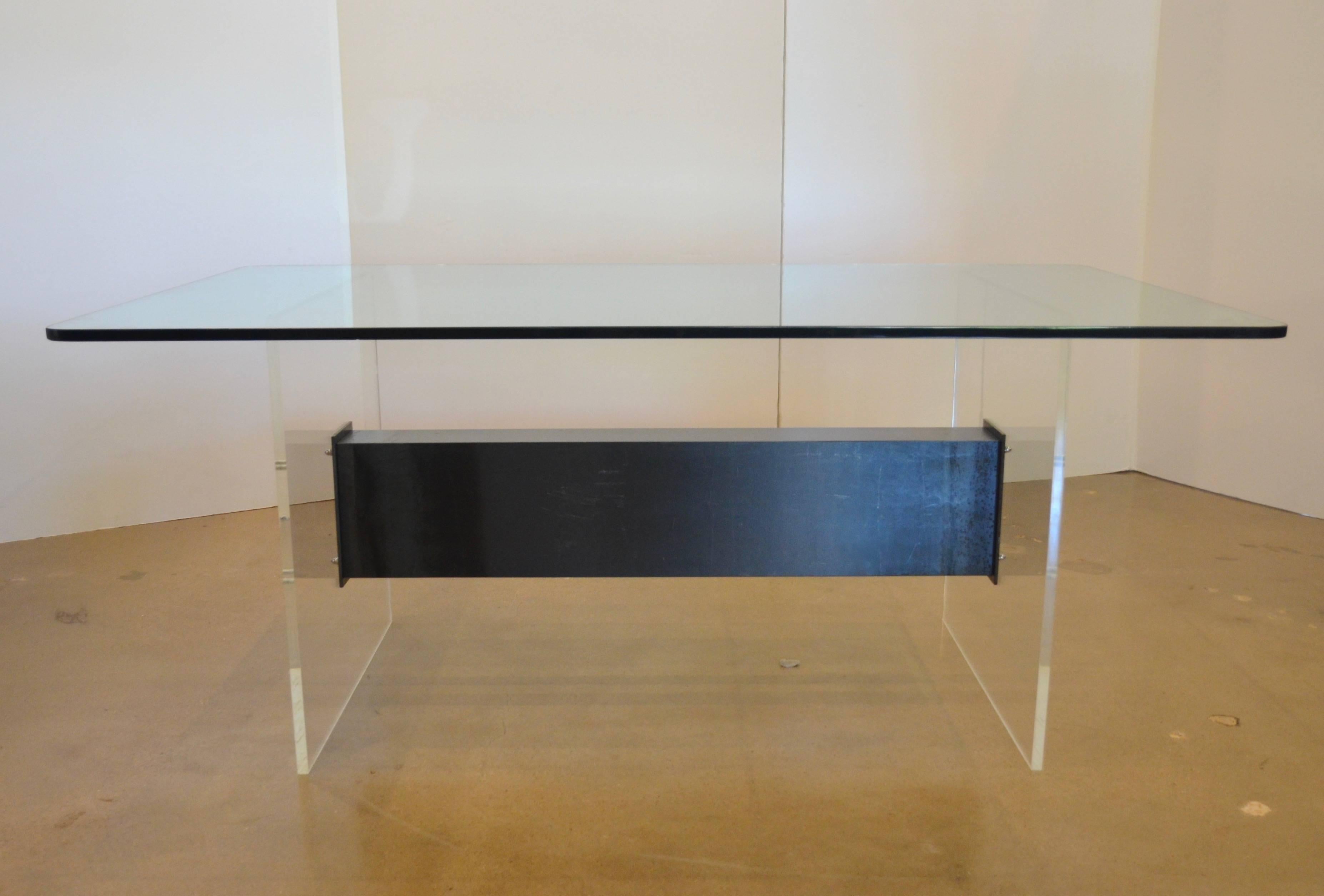 Mid-Century Modern Lucite, Glass and Steel Dining Table or Desk