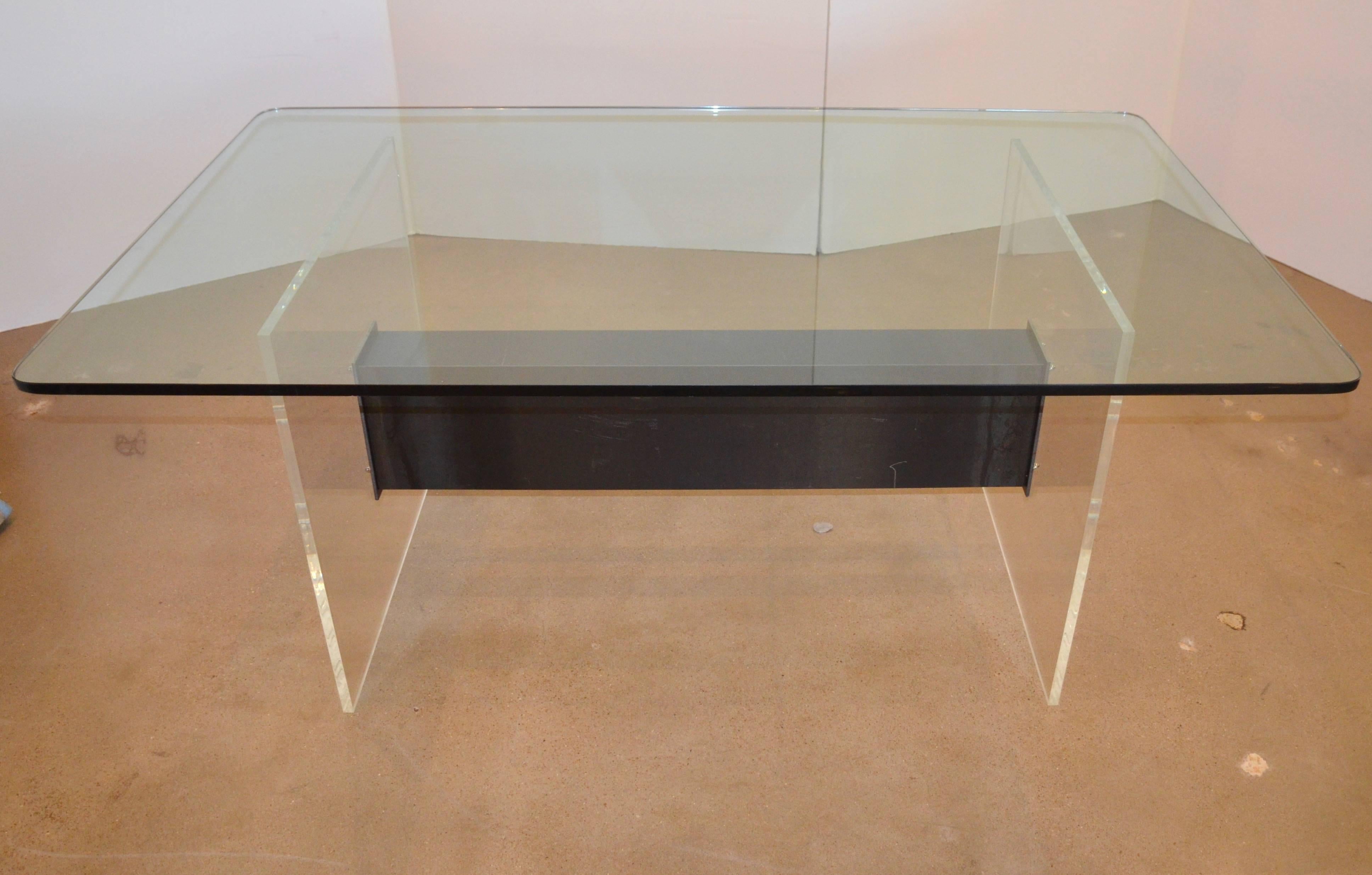 Lucite, Glass and Steel Dining Table or Desk In Excellent Condition In Austin, TX