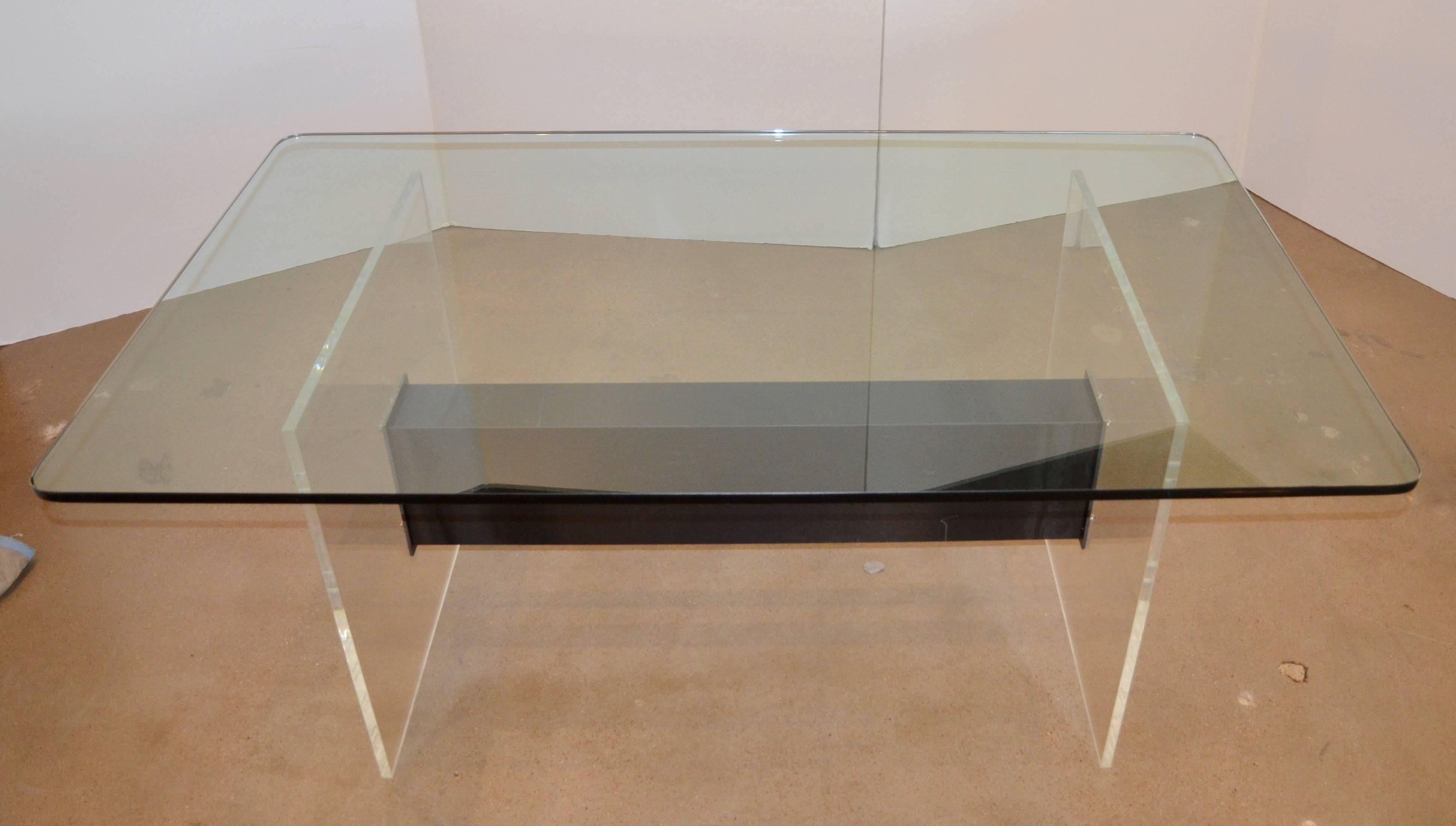 Late 20th Century Lucite, Glass and Steel Dining Table or Desk