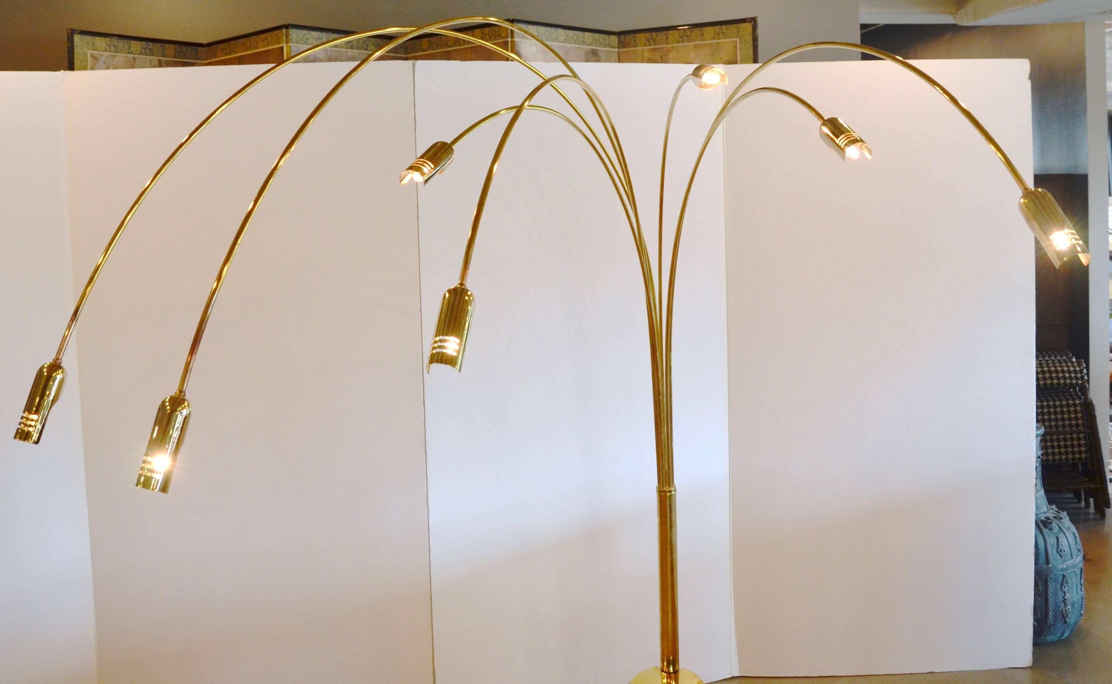 Italian Seven-Armed Brass Arc Floor Lamp, 1970s In Fair Condition In Austin, TX