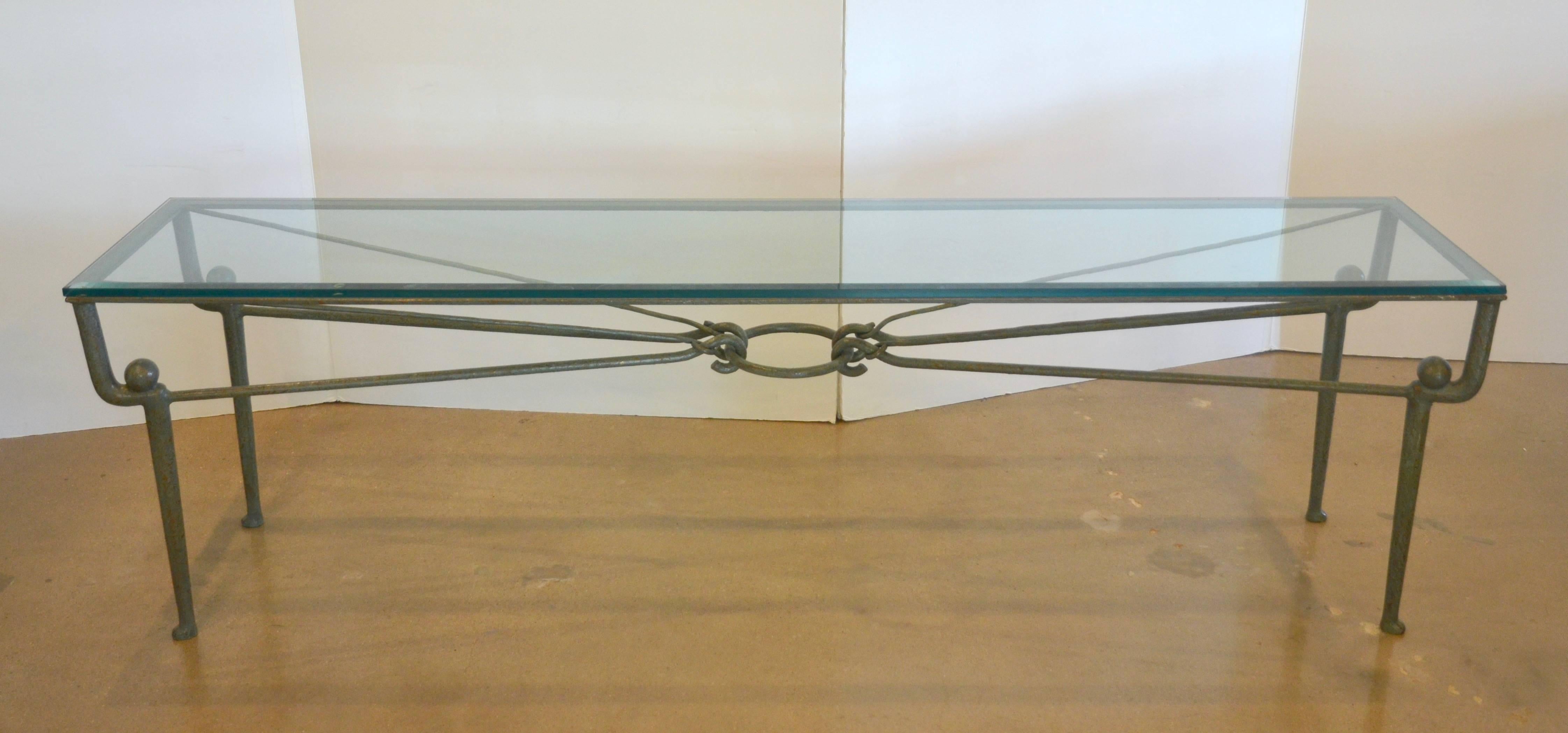Iron Console Table with Glass Top and Copper Green Patina In Excellent Condition In Austin, TX