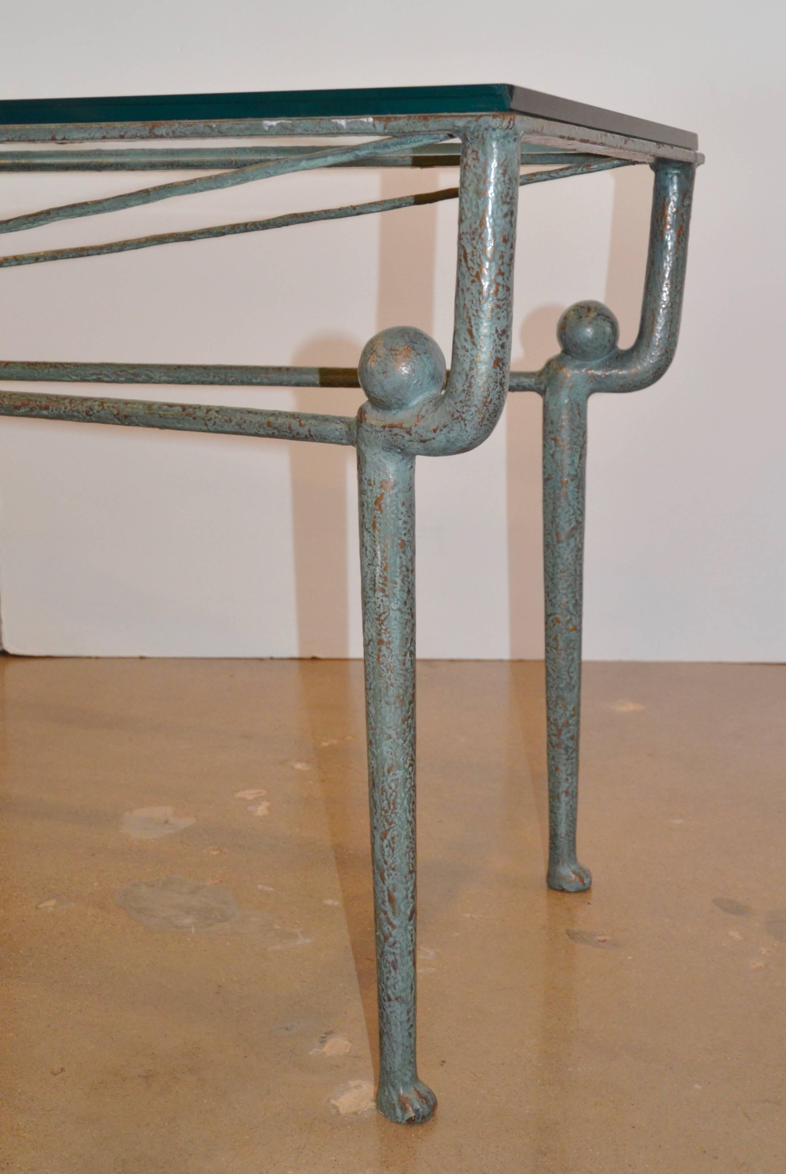 Iron Console Table with Glass Top and Copper Green Patina 1