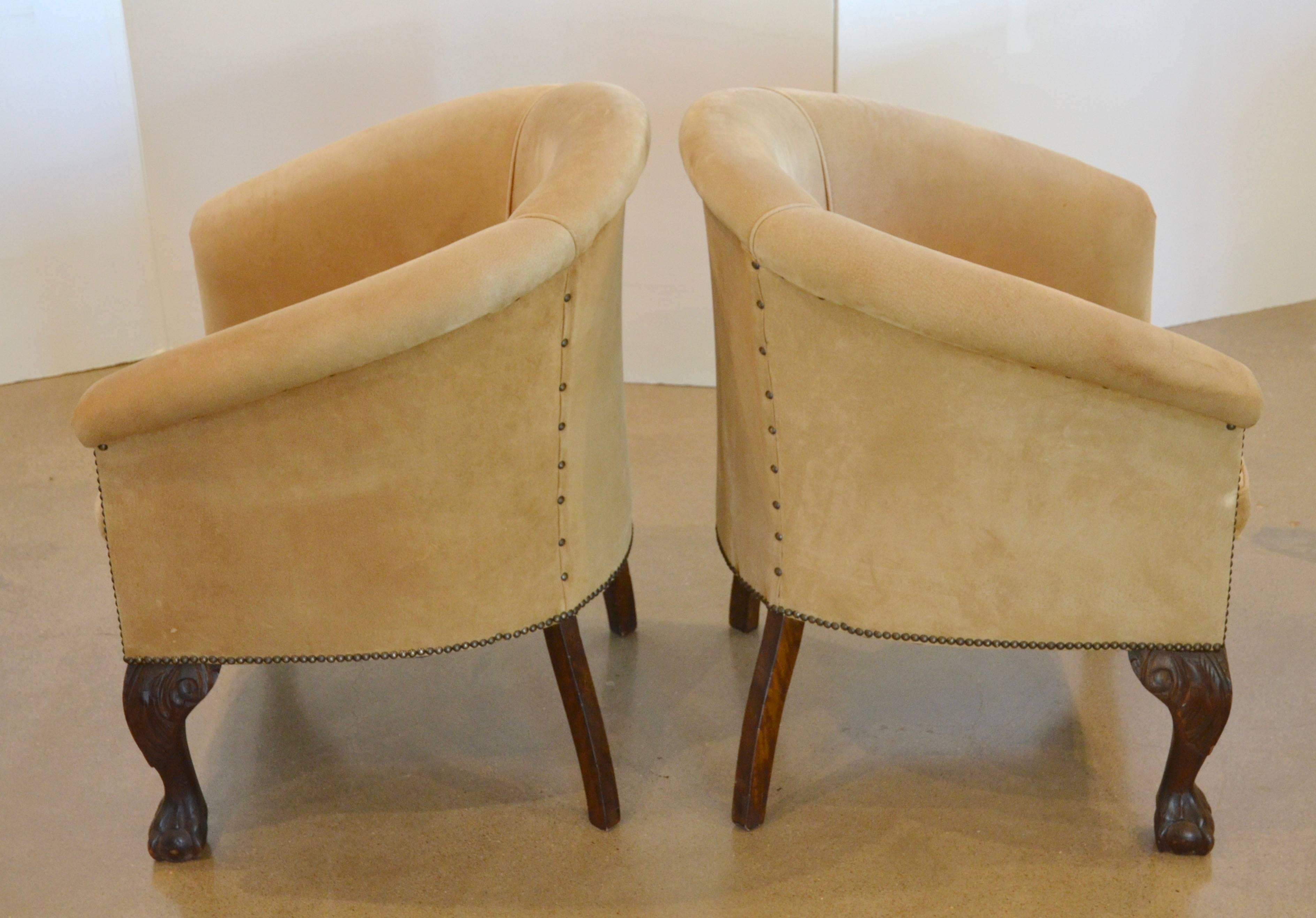 Vintage Barrel Back Chairs in Suede with Ball and Claw In Good Condition In Austin, TX