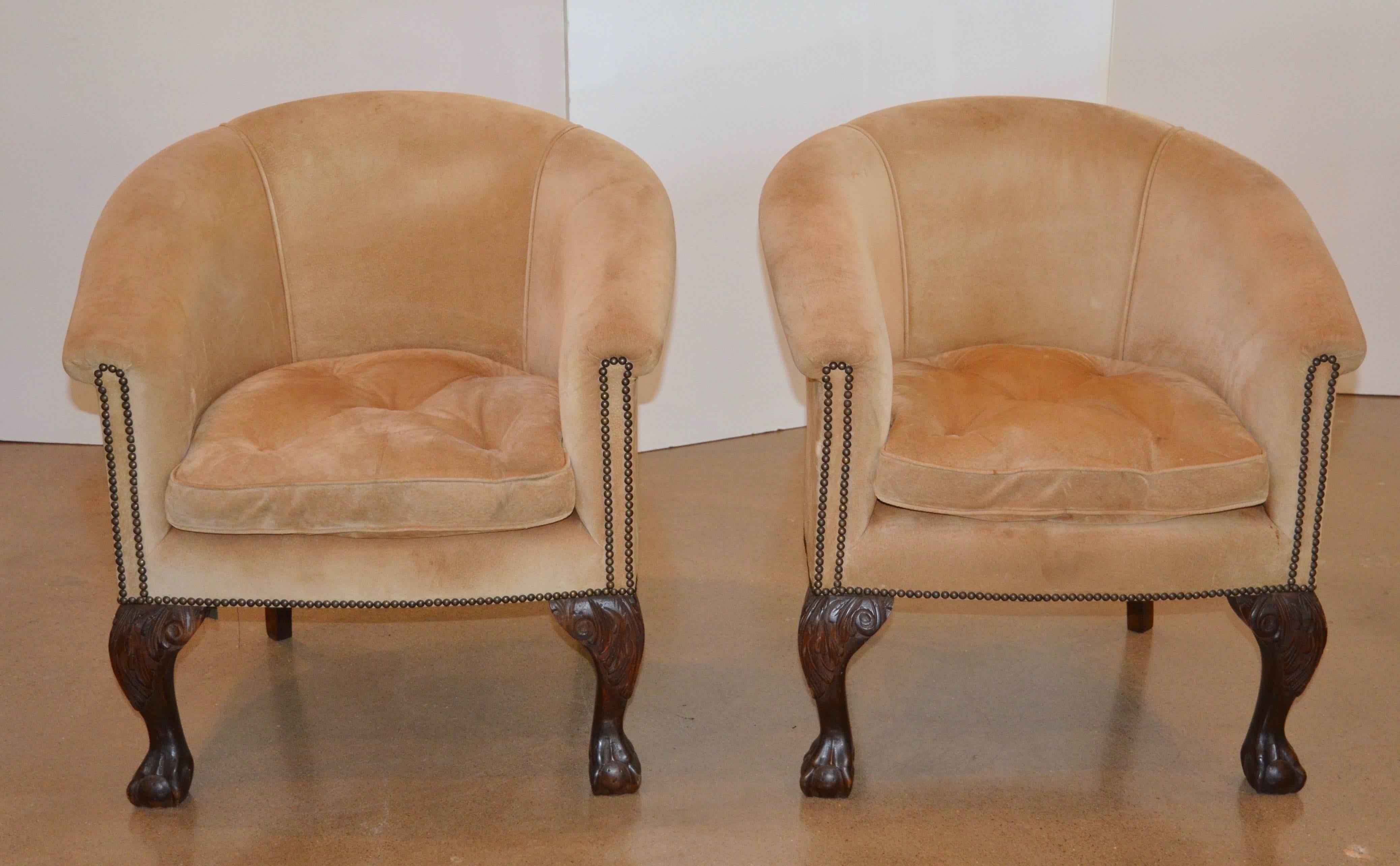 Vintage Barrel Back Chairs in Suede with Ball and Claw 1