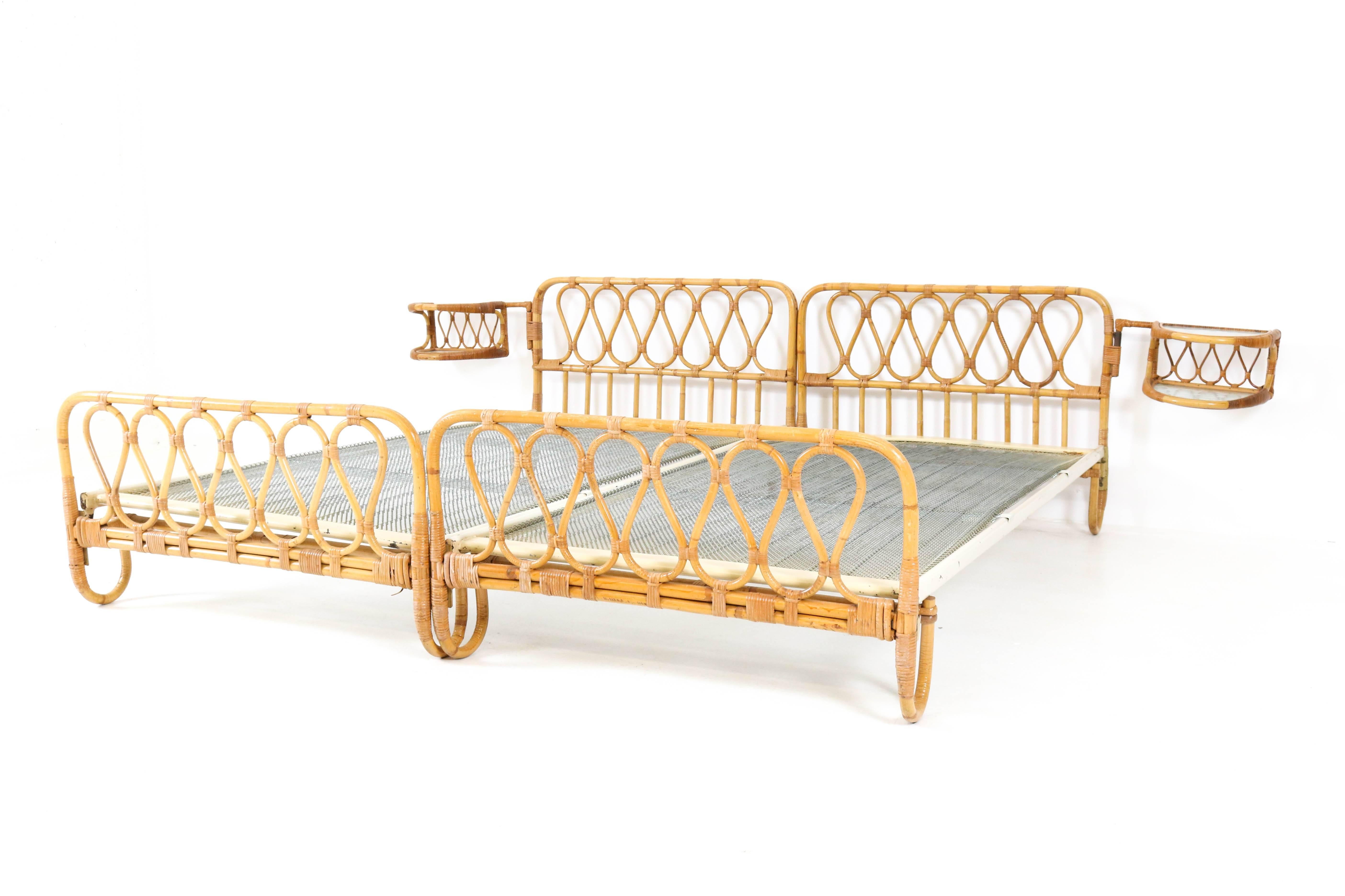 Mid-Century Modern Rattan Twin Beds with Rotating Bedside Tables, 1950s at 1stDibs
