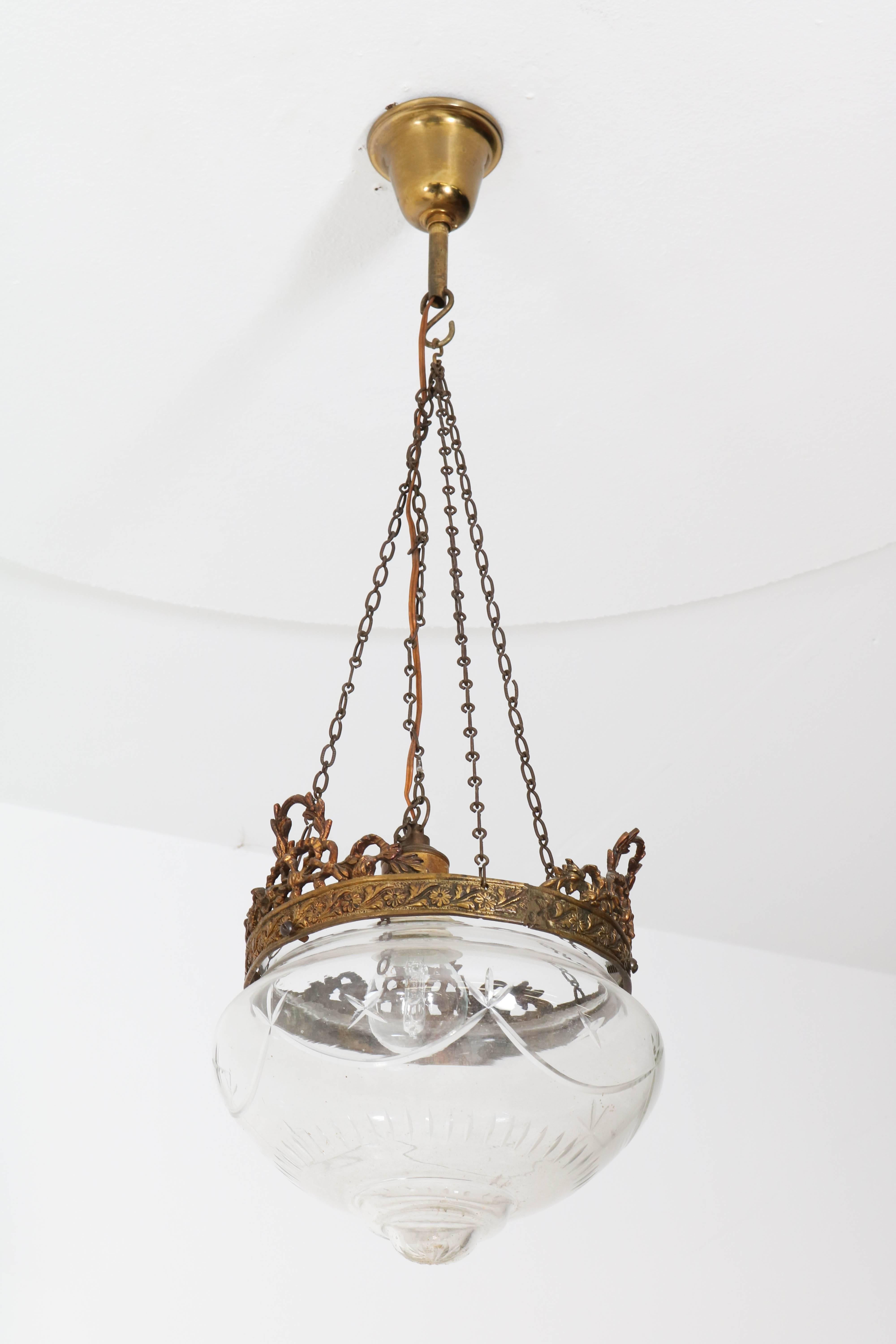 French Art Nouveau Brass and Beveled Glass Hall Lamp, 1900s 4