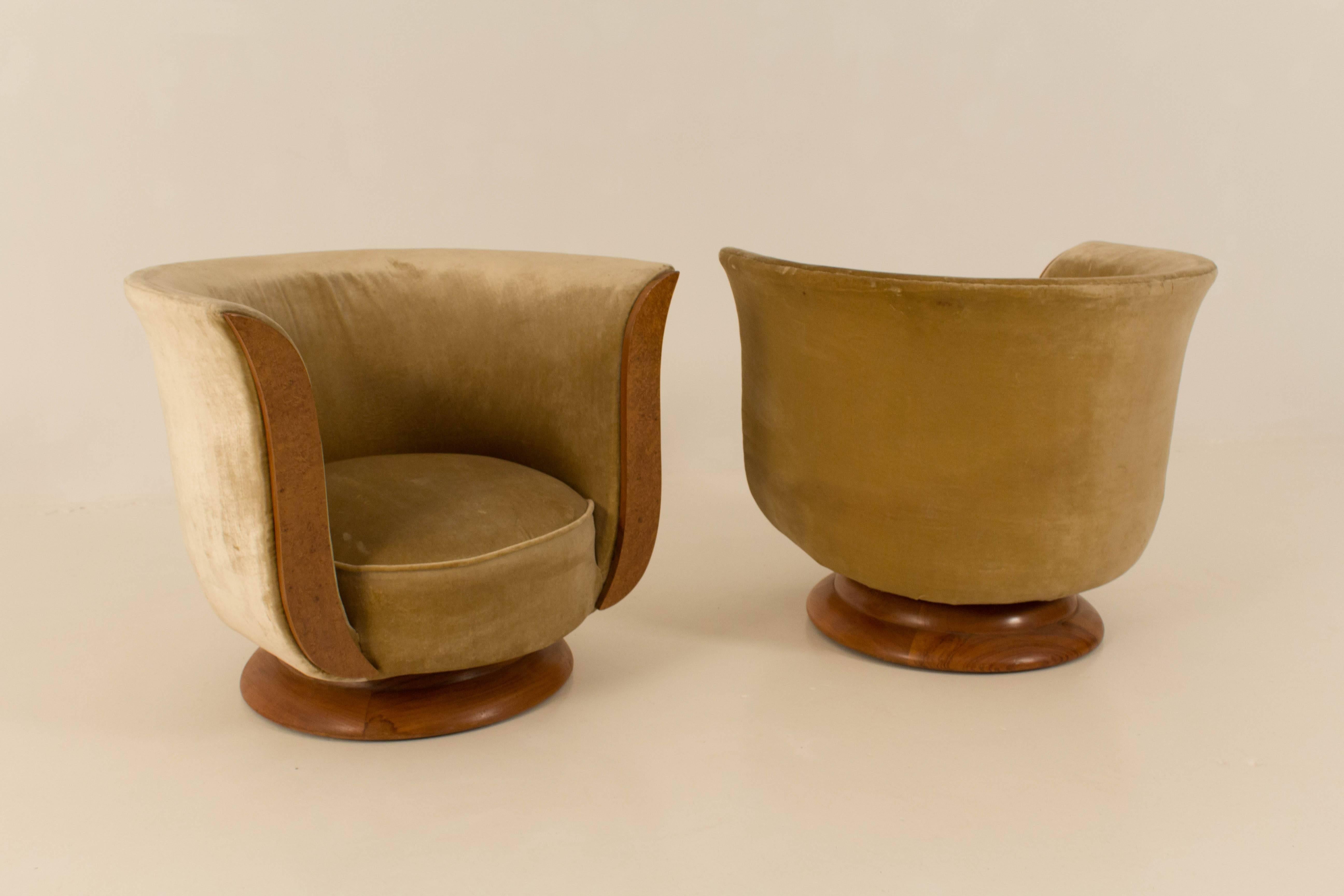 Burl Stunning Pair Of Art Deco Lounge Chairs For Hotel Le Malandre 1930s
