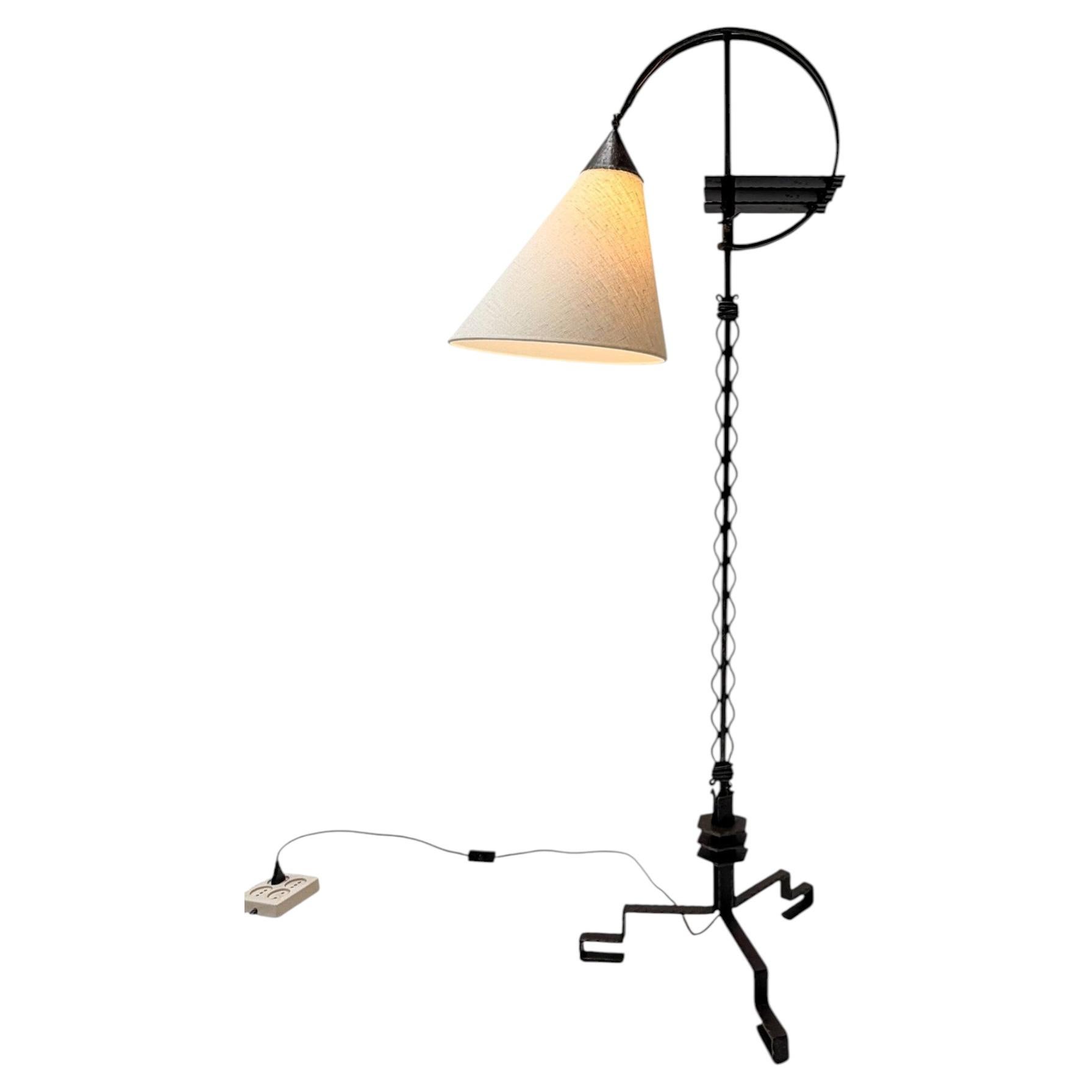 1920s Art Deco Floor Lamp by Jan Joustra, Wrought Iron & Silk