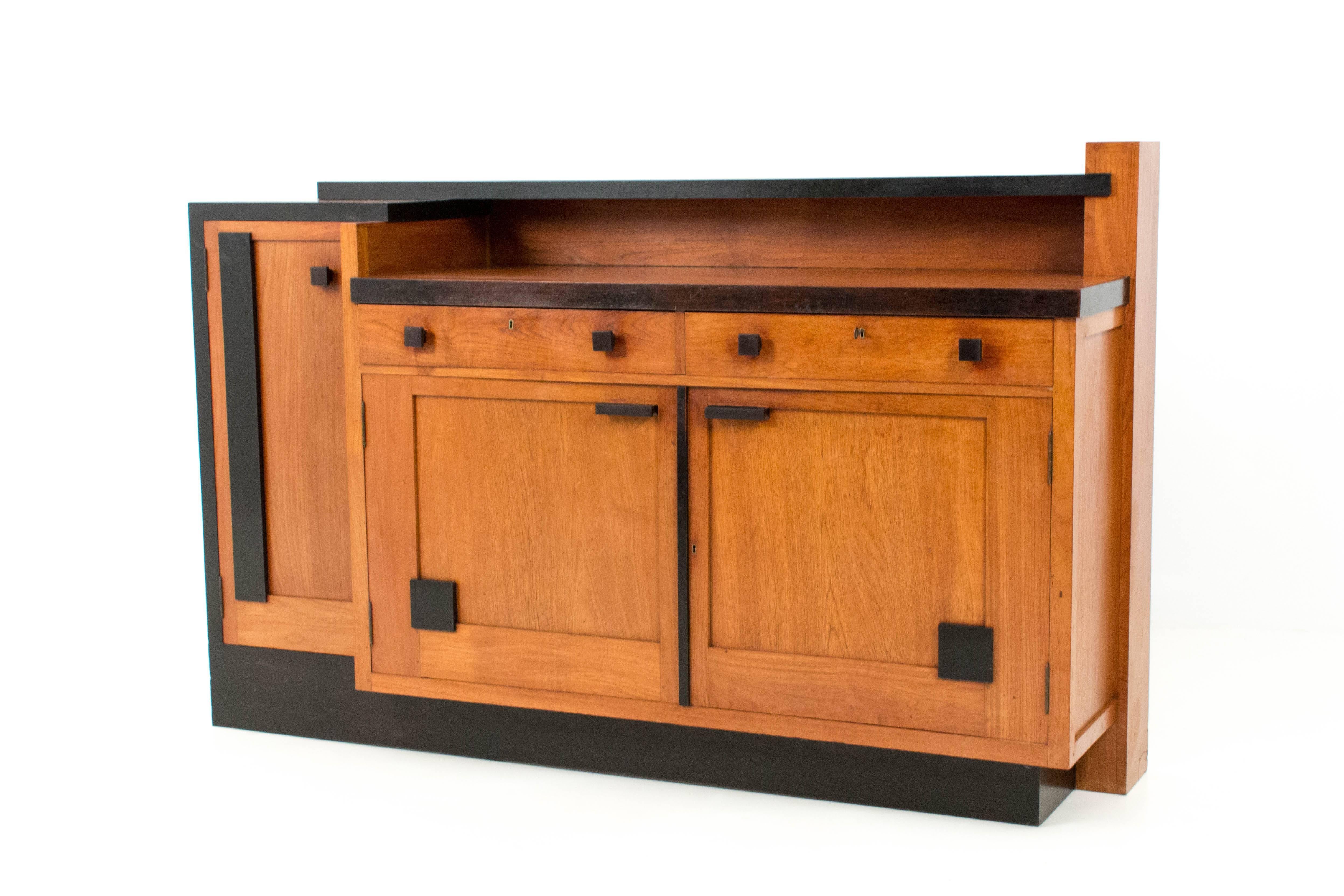 Rare and important sideboard or credenza by Toko v/d Pol Semarang Indonesia.
Solid teak with original ebonized details.
Marked with tag Toko v/d Pol.
In good original condition with minor wear consistent with age and use,
preserving a beautiful